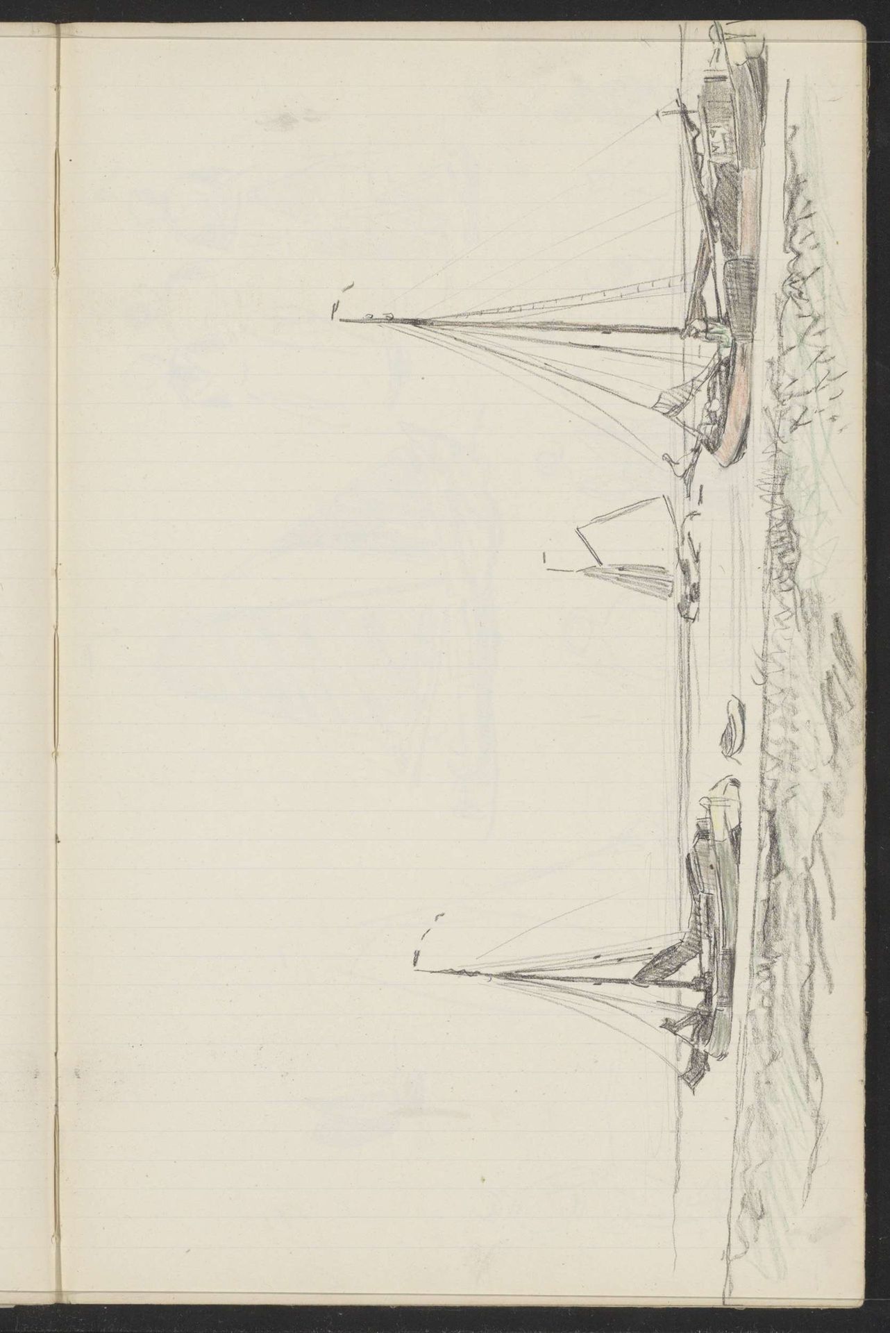 Zeilschepen voor anker aan de waterkant by Willem Bastiaan Tholen