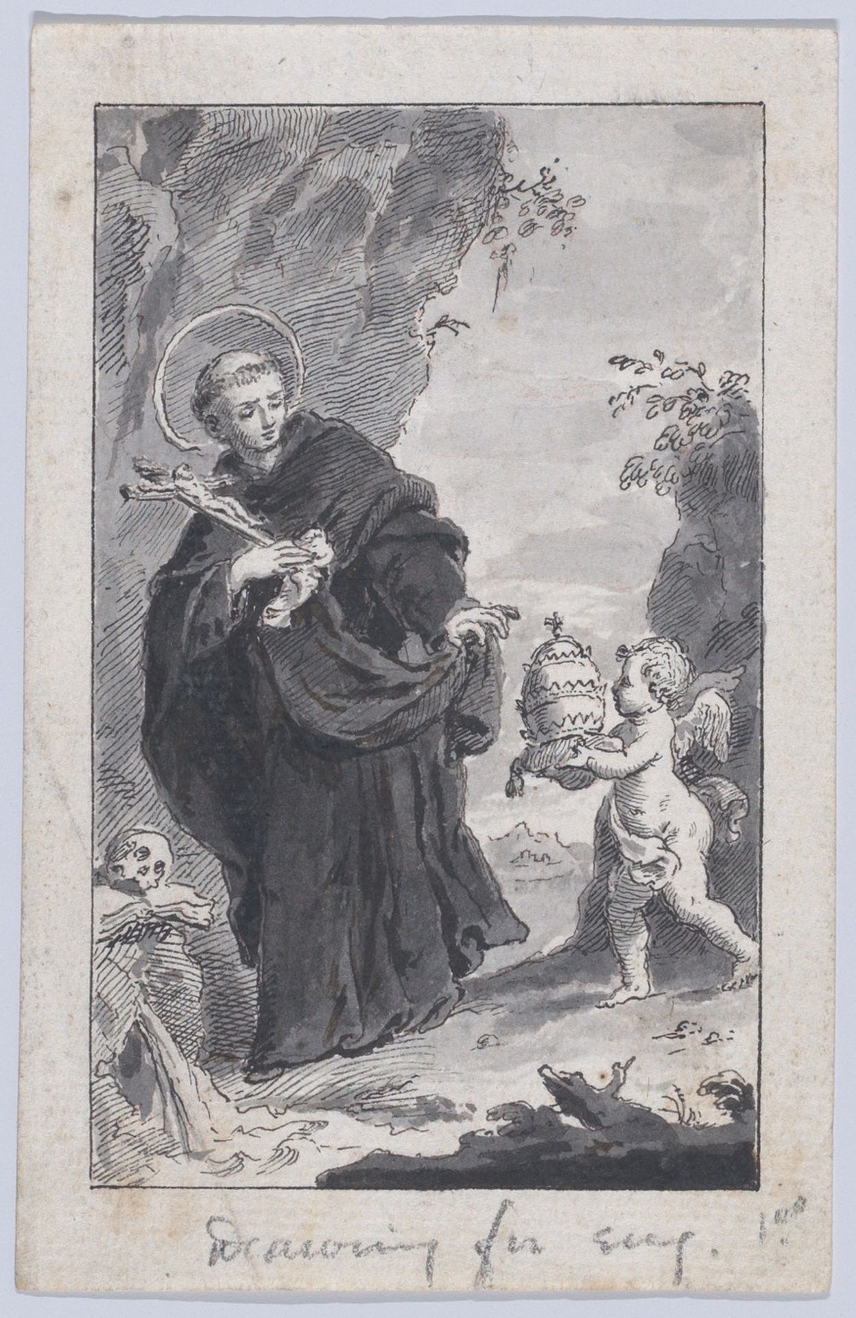 A saint holding a crucifix, an angel at right approaching with a papal tiara by Anonymous