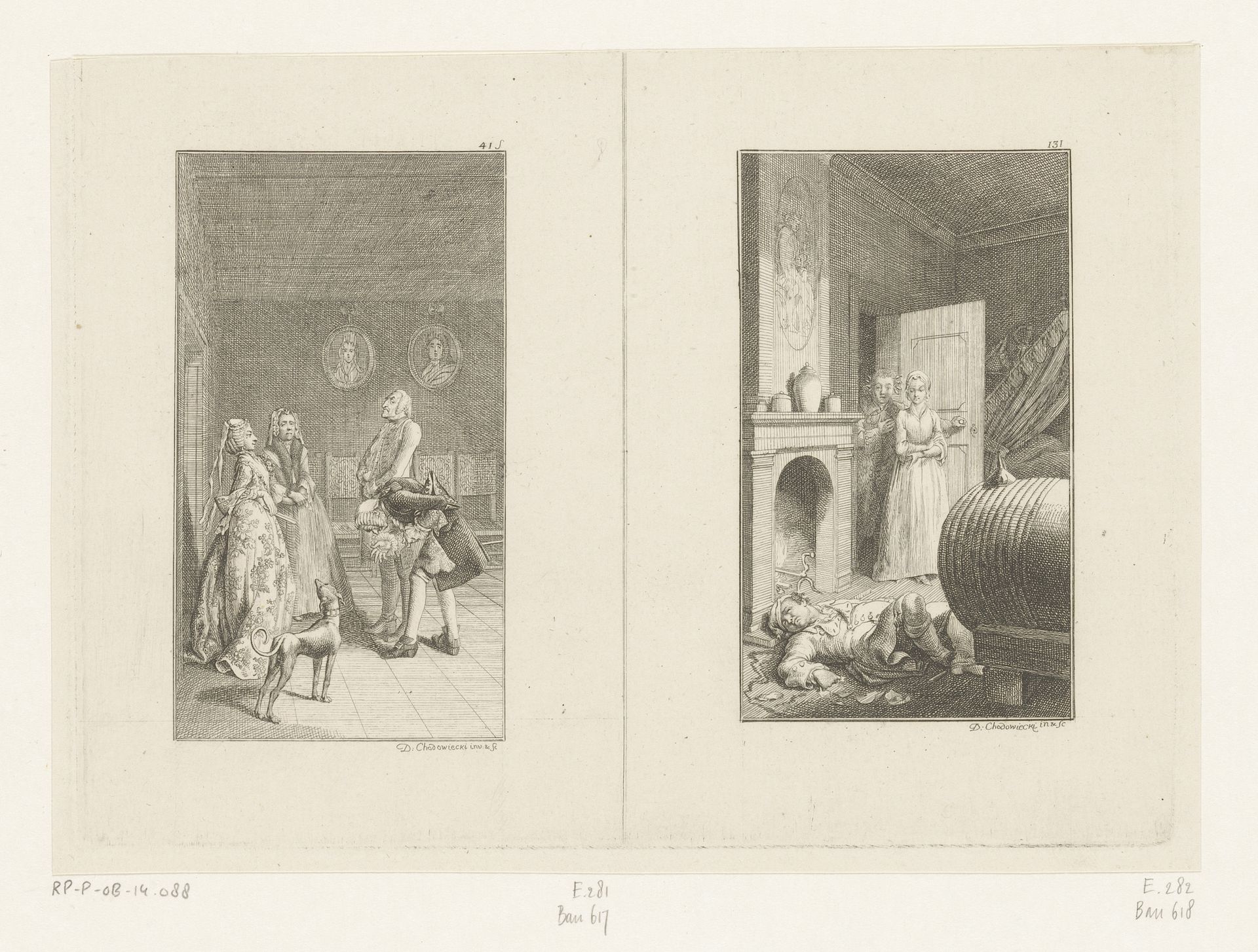 Betty voorgesteld aan een vrijer en Betty treft de kapitein dood aan naast een wijnvat by Daniel Nikolaus Chodowiecki
