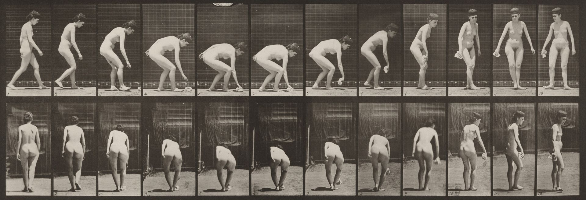 Plate Number 220. Stooping, and lifting handkerchief and turning by Eadweard Muybridge