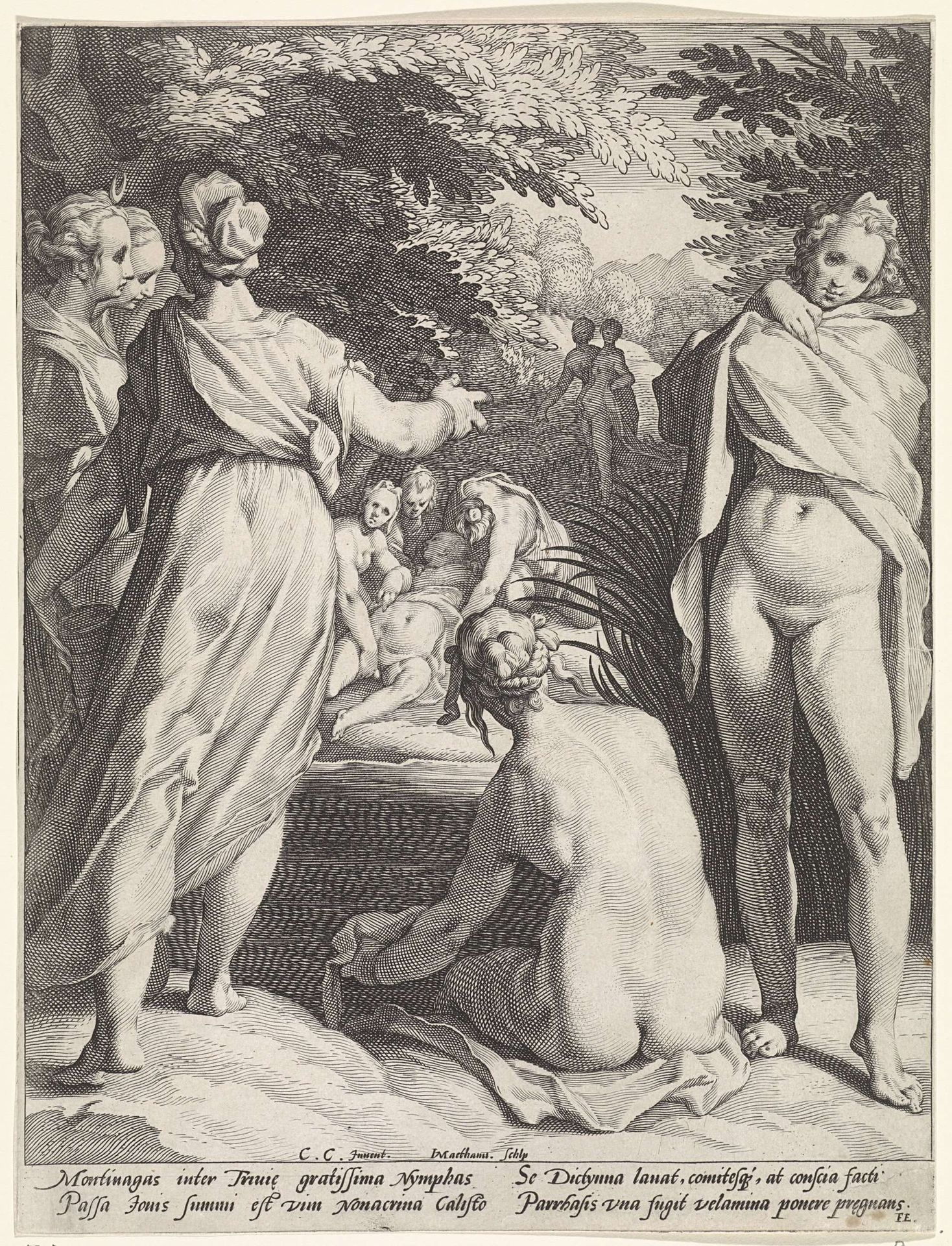 Diana's nimfen ontdekken de zwangerschap van Callisto by Jacob Matham
