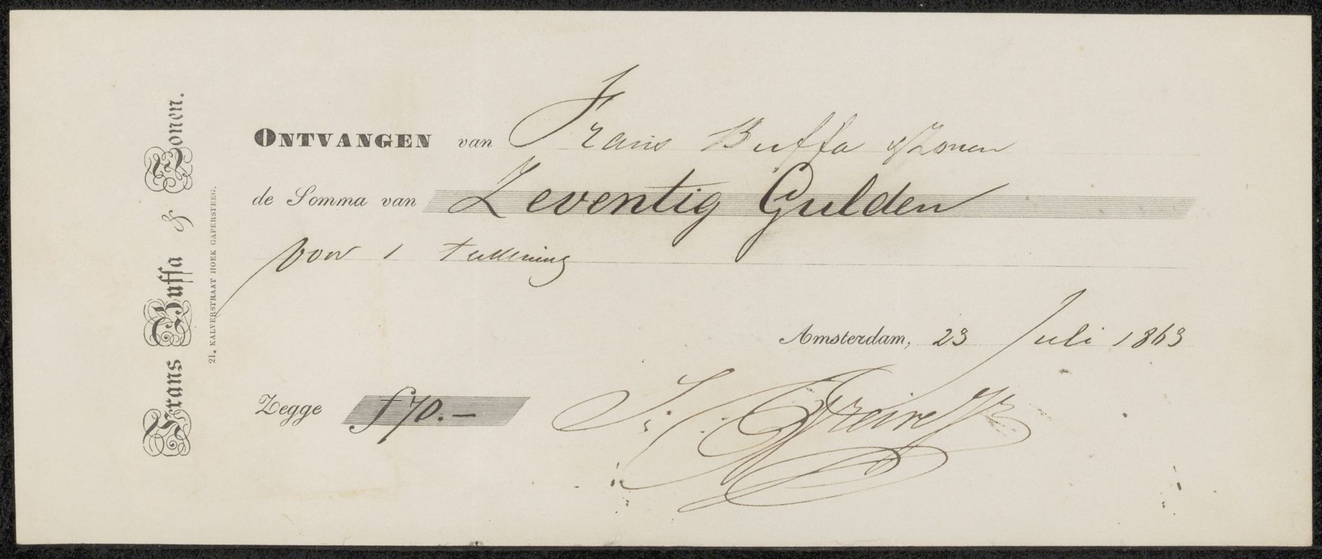 Kwitantie voor Johan Conrad Greive by Frans Buffa en Zonen