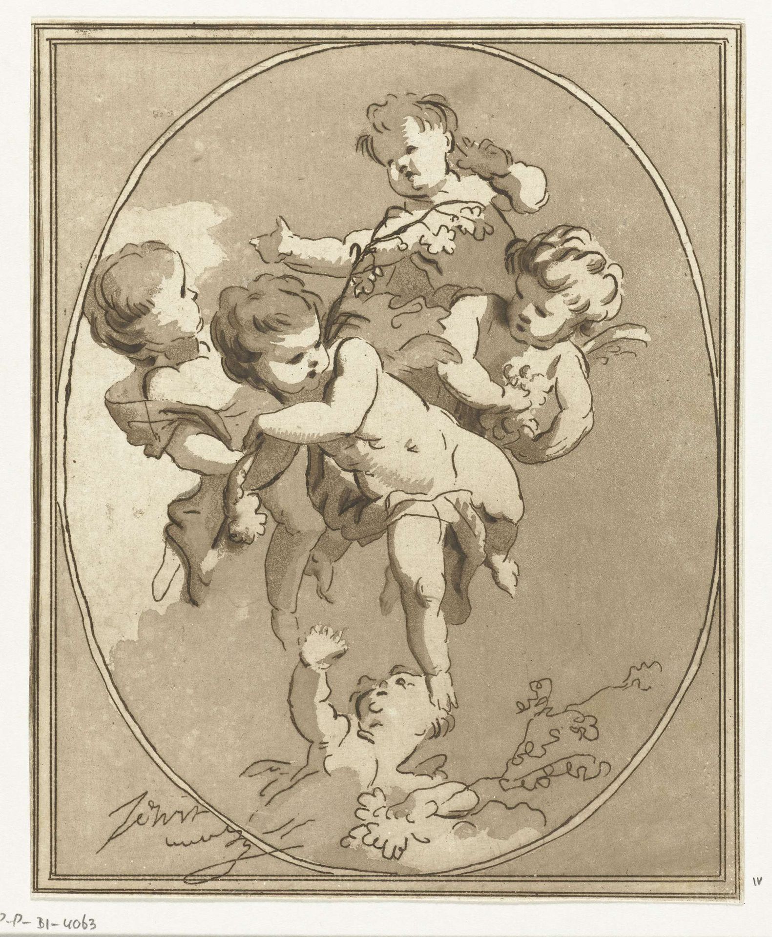 Vijf putti met bloemtakken by Anthonie van den Bos