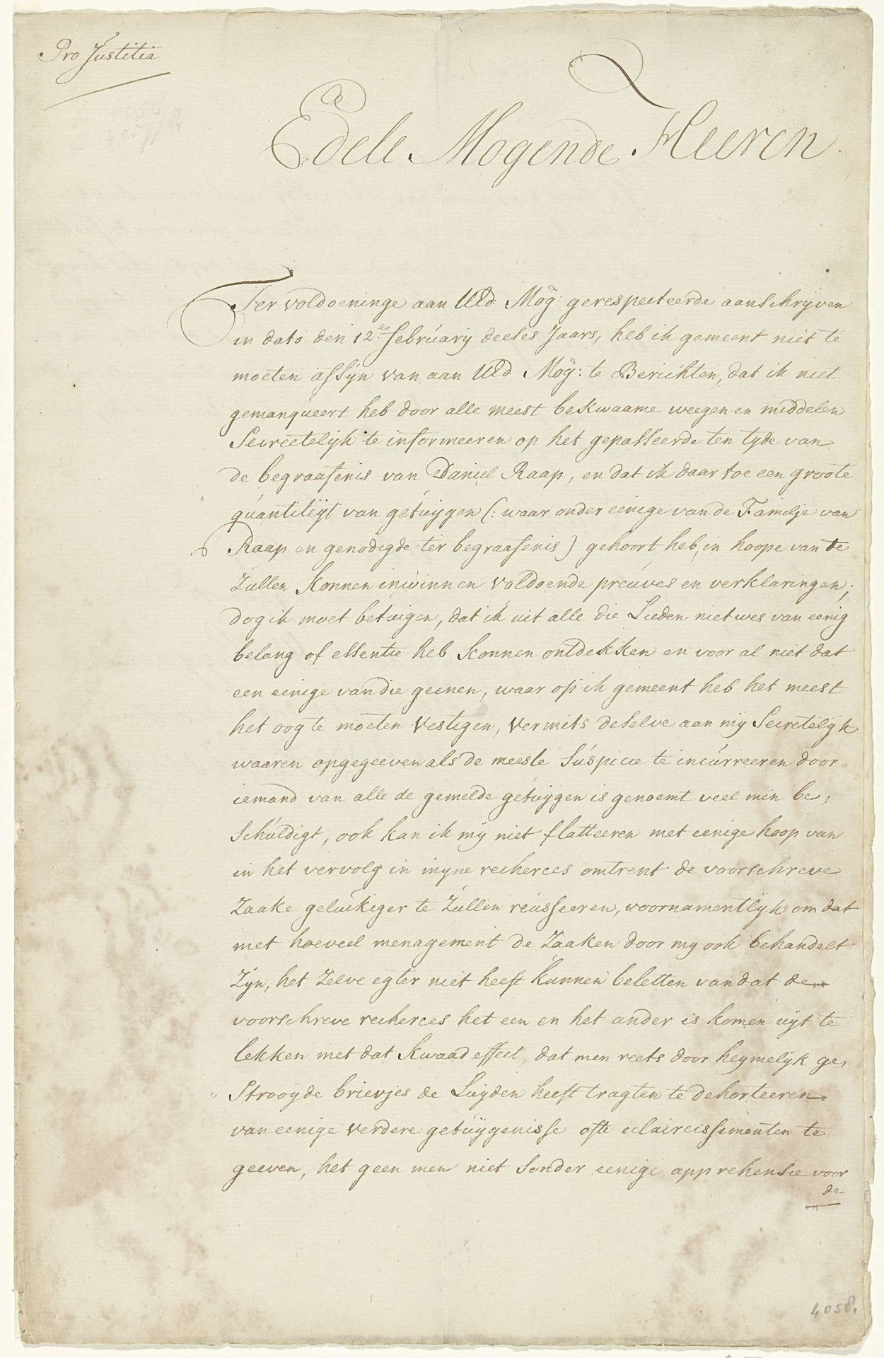 Afschrift van een brief over de onderzoek naar de rellen bij de begrafenis van Daniël Raap, 1754 by W. Huyghens