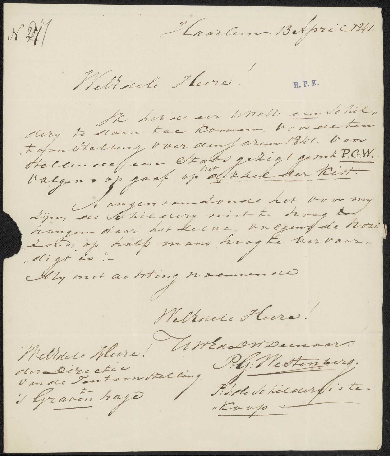 Brief aan G.M.C. Hooft, secretaris van de commissie van de Tentoonstelling van Levende Meesters in Den Haag by Pieter George Westenberg