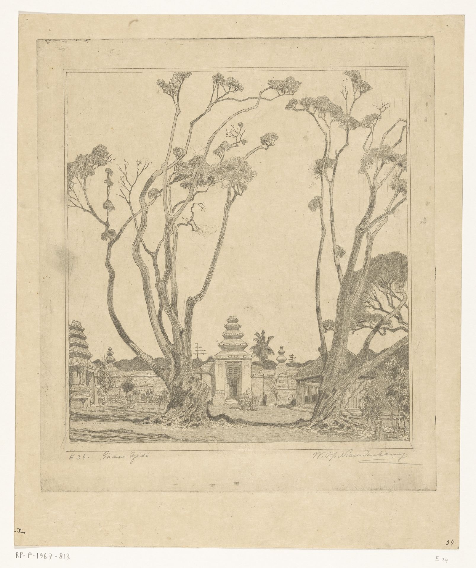 Binnenplaats met twee waringinbomen bij Jogyakarta op Java by Wijnand Otto Jan Nieuwenkamp