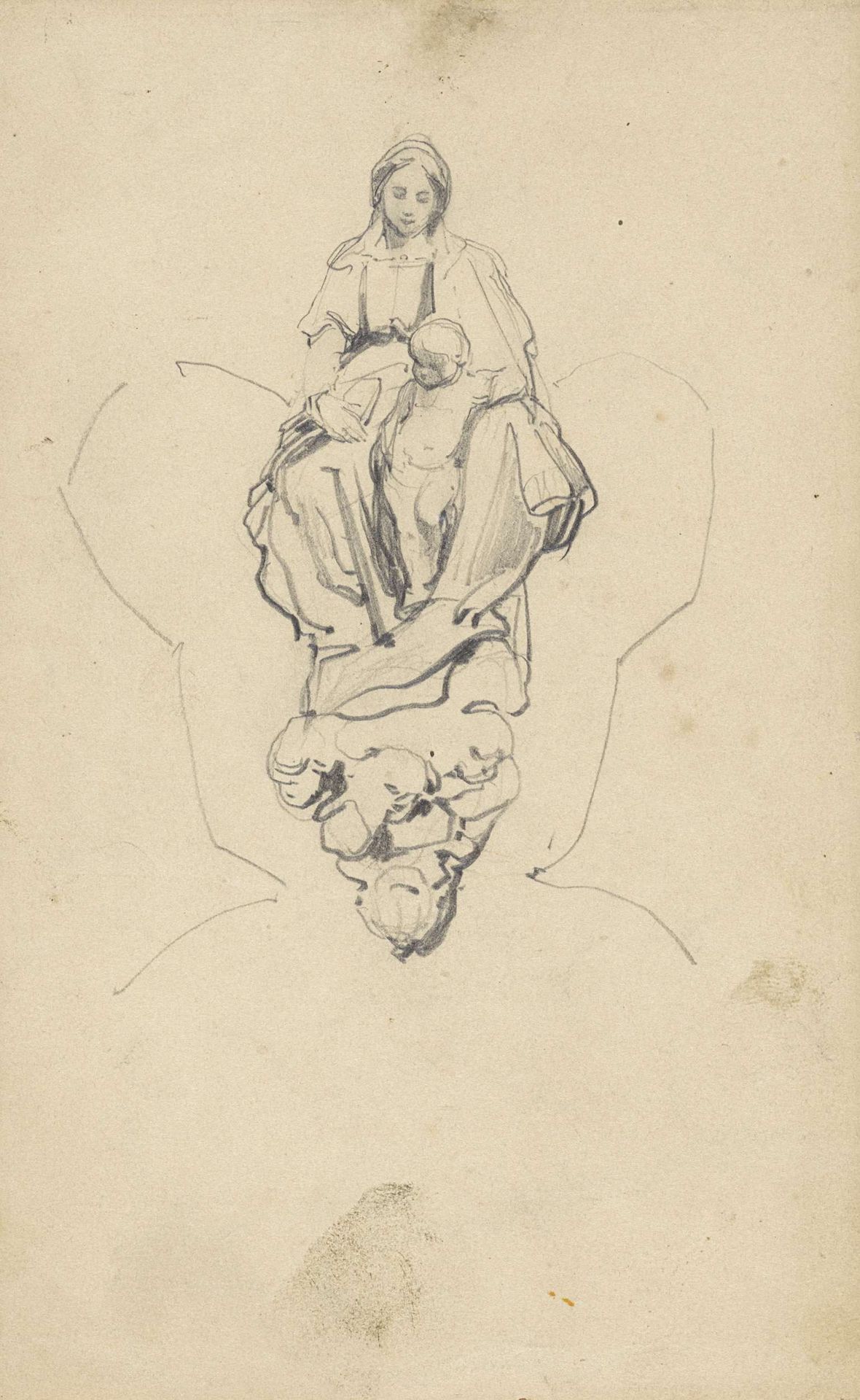 Studie van een gebeeldhouwde Madonna met kind op wolken by Johannes Bosboom