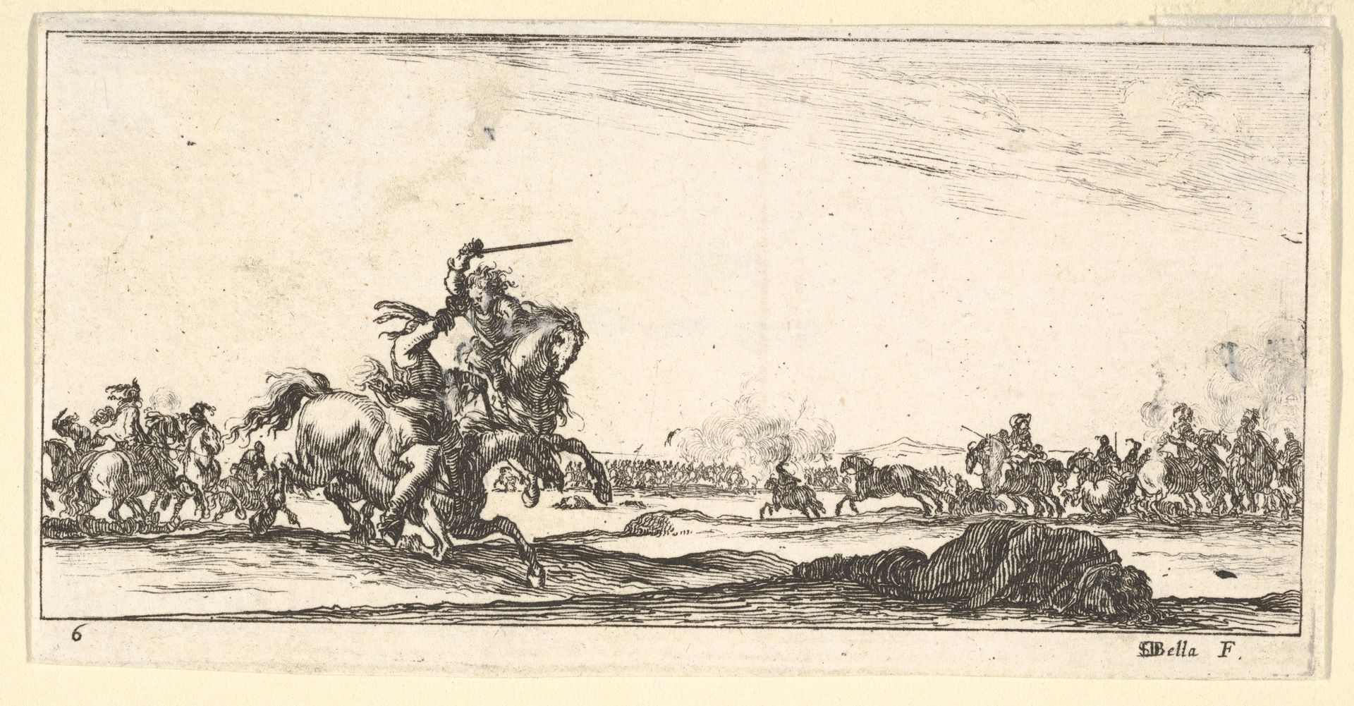 Plate 6: a skirmish between two horsemen to left, a dead man on the ground to the right, combat in the background, from 'Troops, cannons, and attacks on towns' (Dessins de quelques conduites de troupes, canons, et ataques de villes) by Stefano della Bella