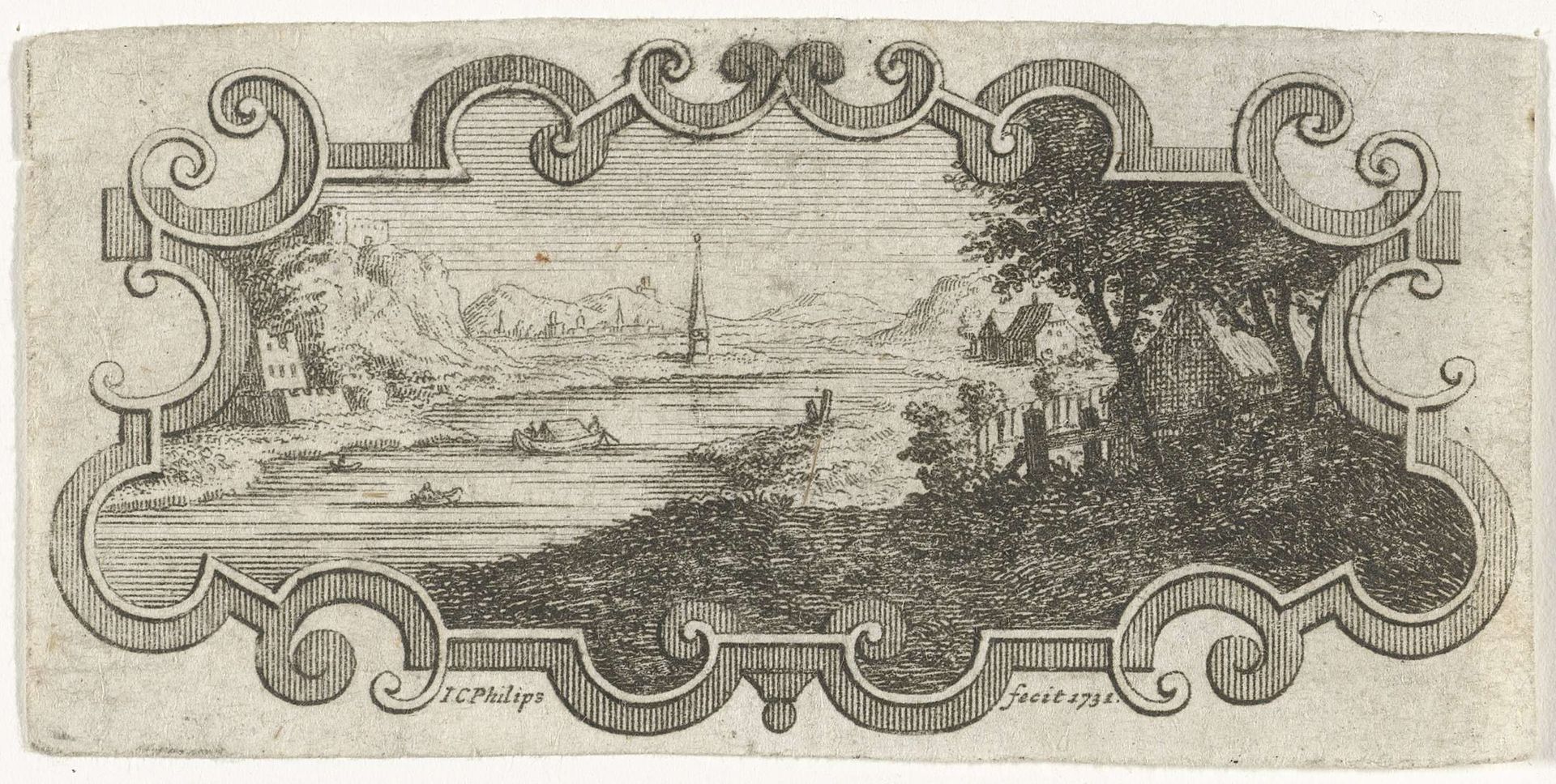 Cartouche met een landschap by Jan Caspar Philips