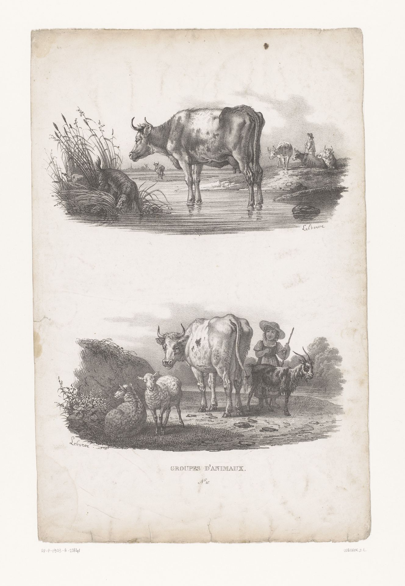 Koeien bij een waterplas en herderin met vee by Joseph Louis Leborne