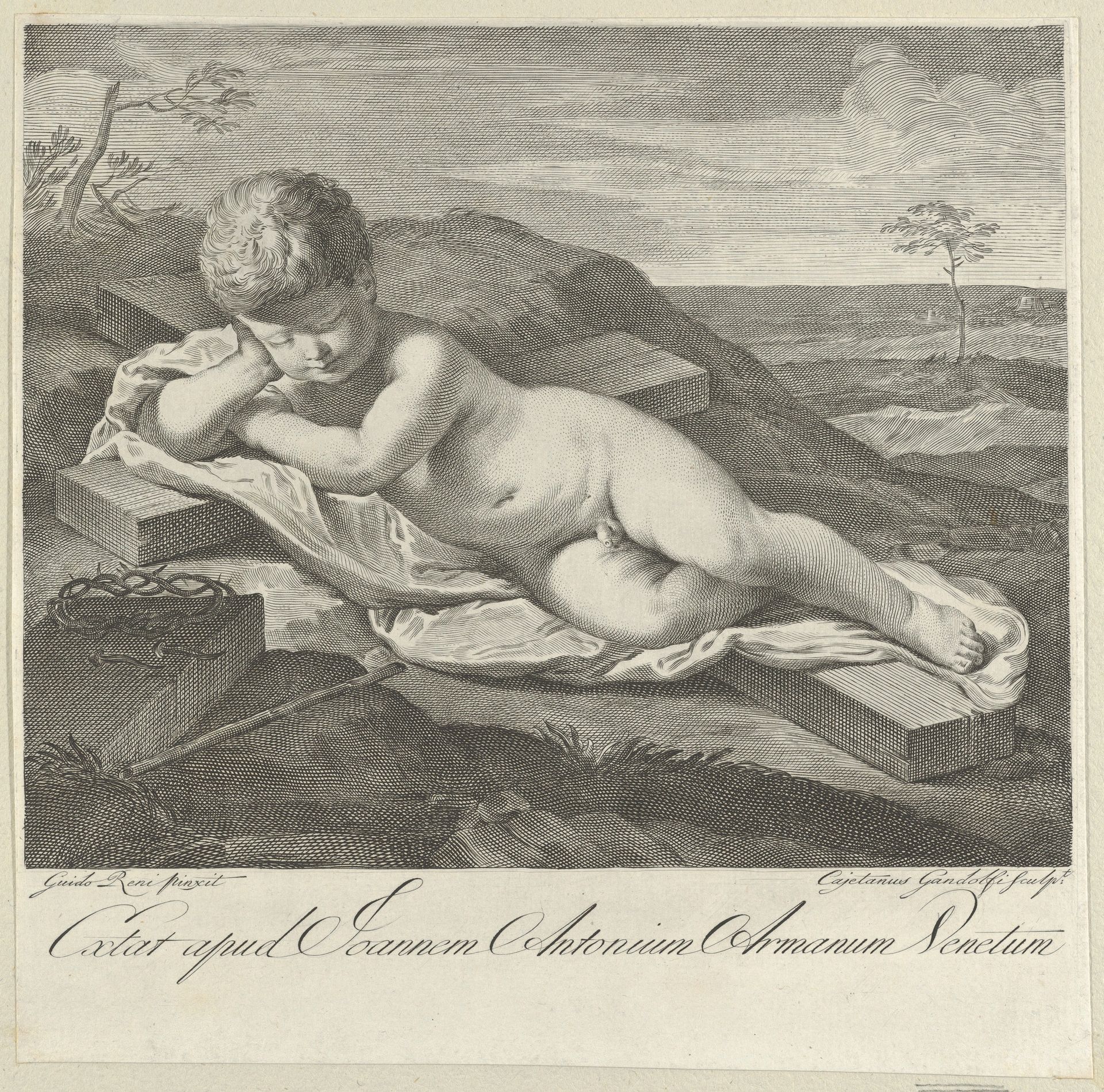 The Christ Child sleeping on a cross in a landscape, crown of thorns in the foreground, after Reni by Gaetano Gandolfi