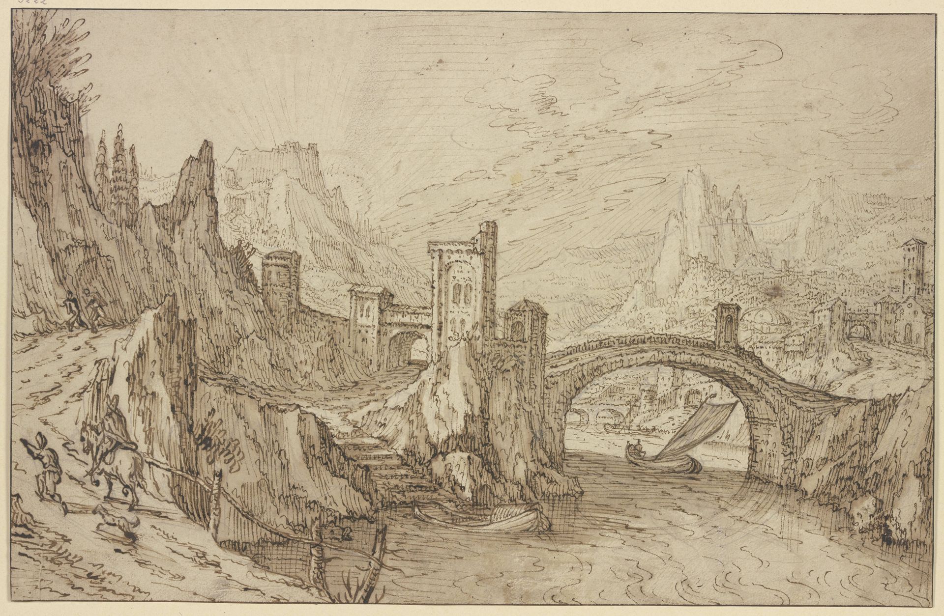 Felsiges Flußtal, im Vordergrund eine Bogenbrücke, rechts eine Stadt by Tobias Verhaecht