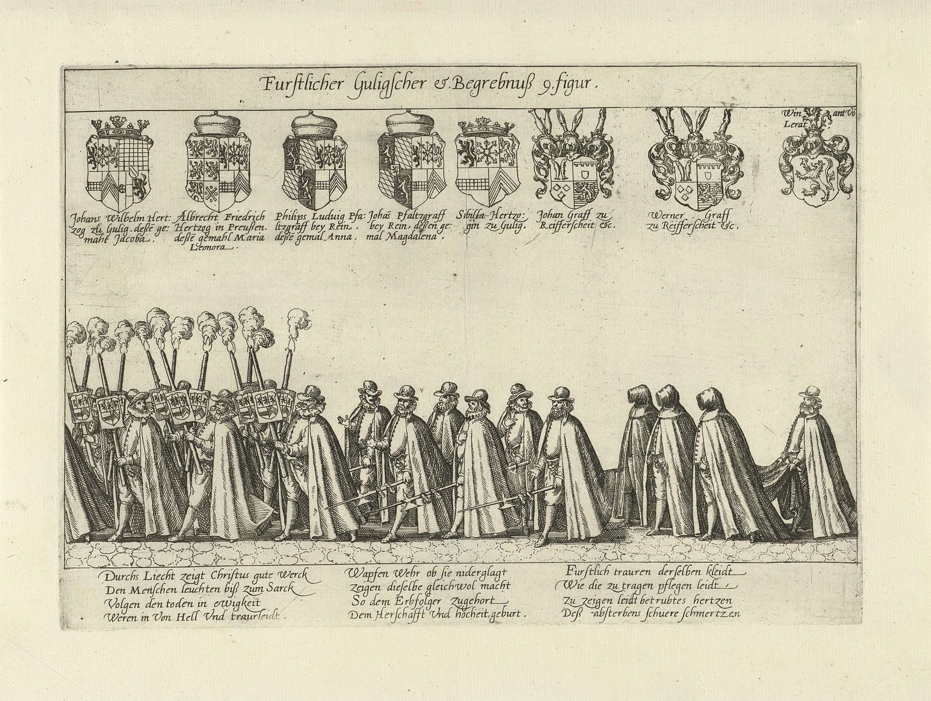 Begrafenisstoet met fakkeldragers en hellebaarders by Frans Hogenberg