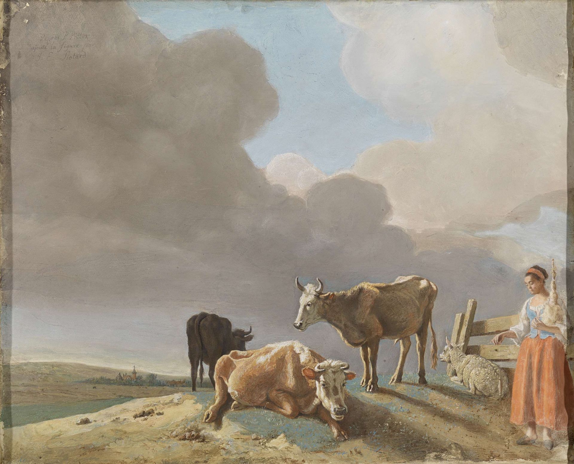 Landschap met koeien, schapen en herderin, gewijzigde kopie naar een schilderij van Paulus Potter, de herderin gekopieerd van een schilderij van Karel Dujardin (recto); onvoltooid portret van een man (verso) by Jean-Étienne Liotard