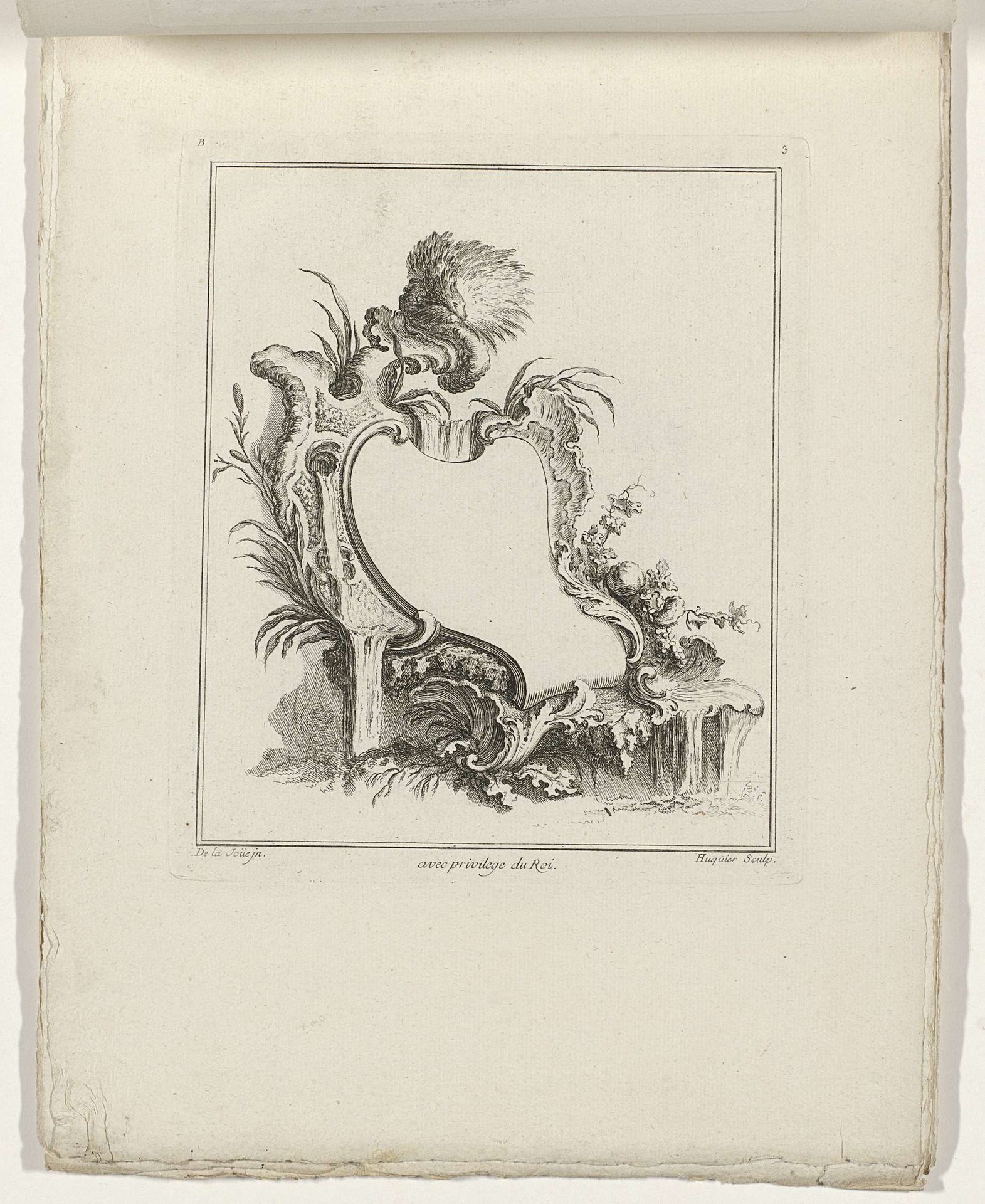 Cartouche omgeven door stekelvarken, bladeren en stromend water by Gabriel Huquier