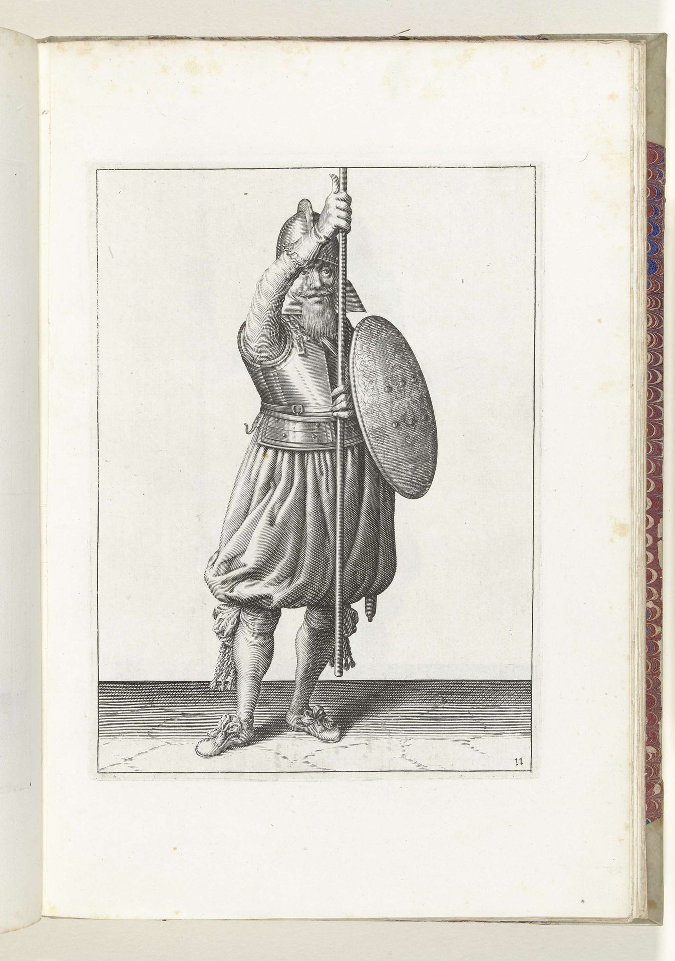 De exercitie met schild en spies: de soldaat brengt in drie tijden de spies weer terug in de rustpositie, tweede beweging (nr. 11), 1618 by Adam van Breen