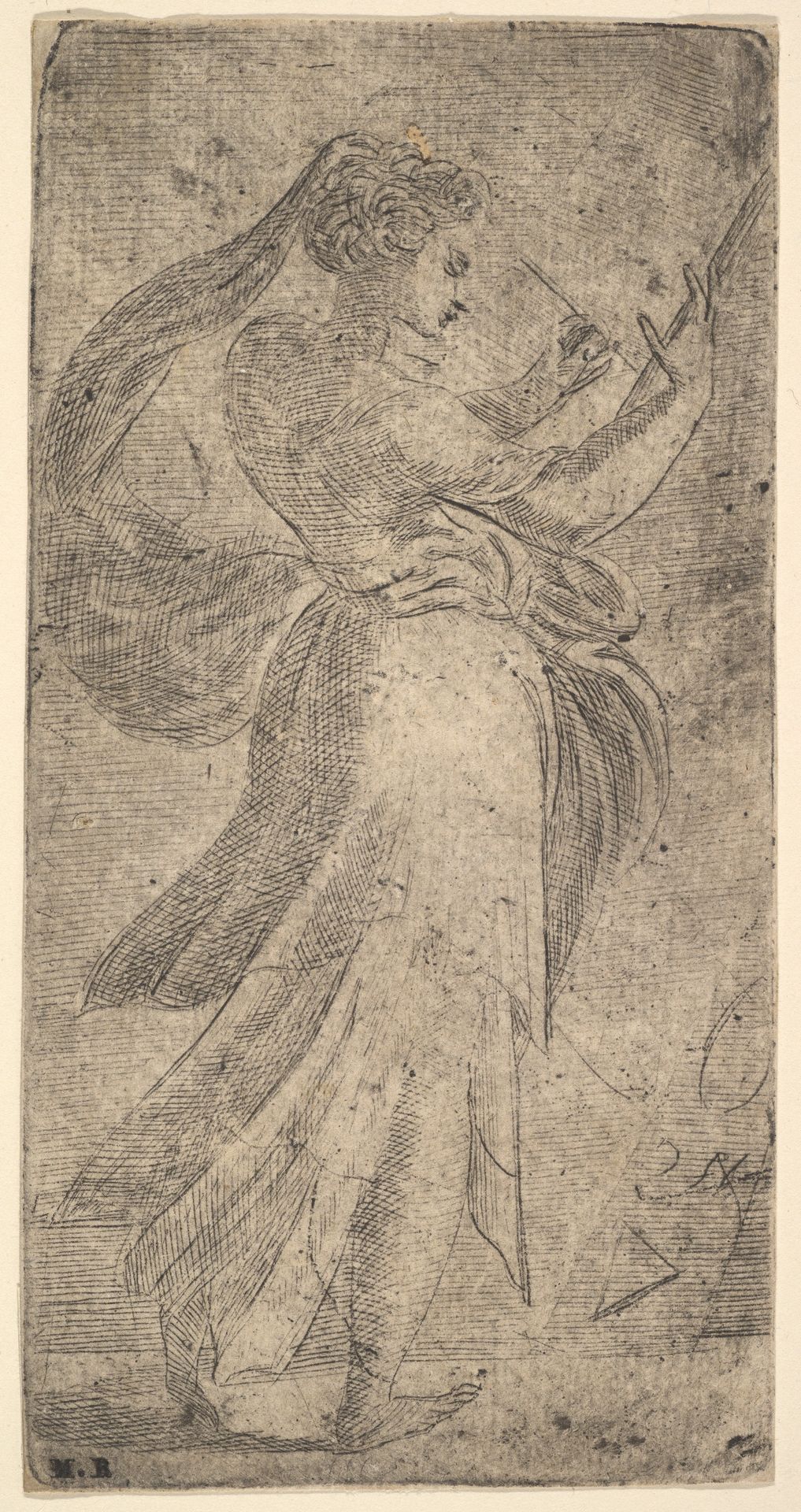 A woman standing in profile, facing right and writing on a tablet by Andrea Schiavone (Andrea Meldola)
