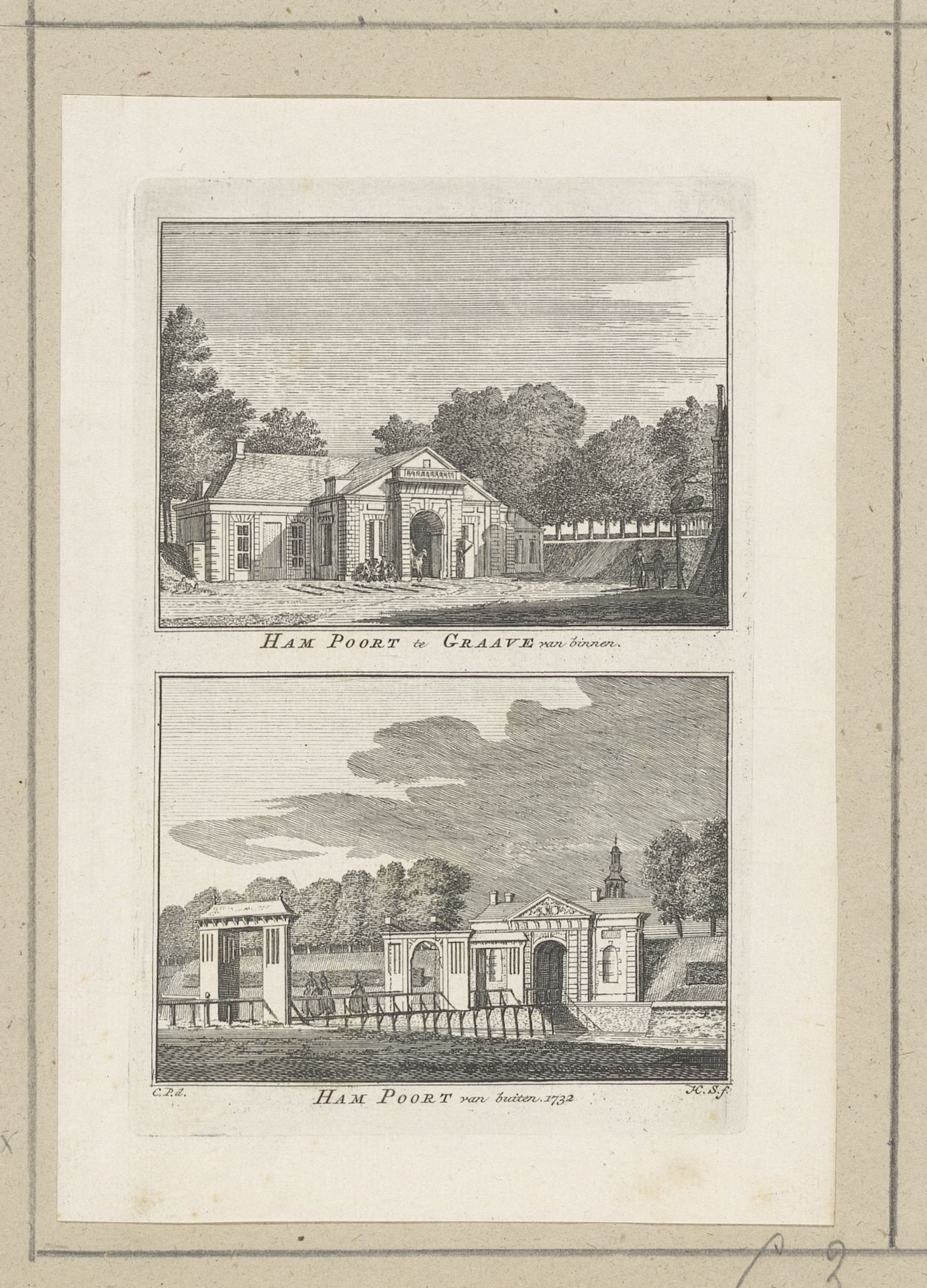 Gezicht op de Hampoort van binnen Grave en gezicht op de Hampoort van buiten Grave, 1732 by Hendrik Spilman