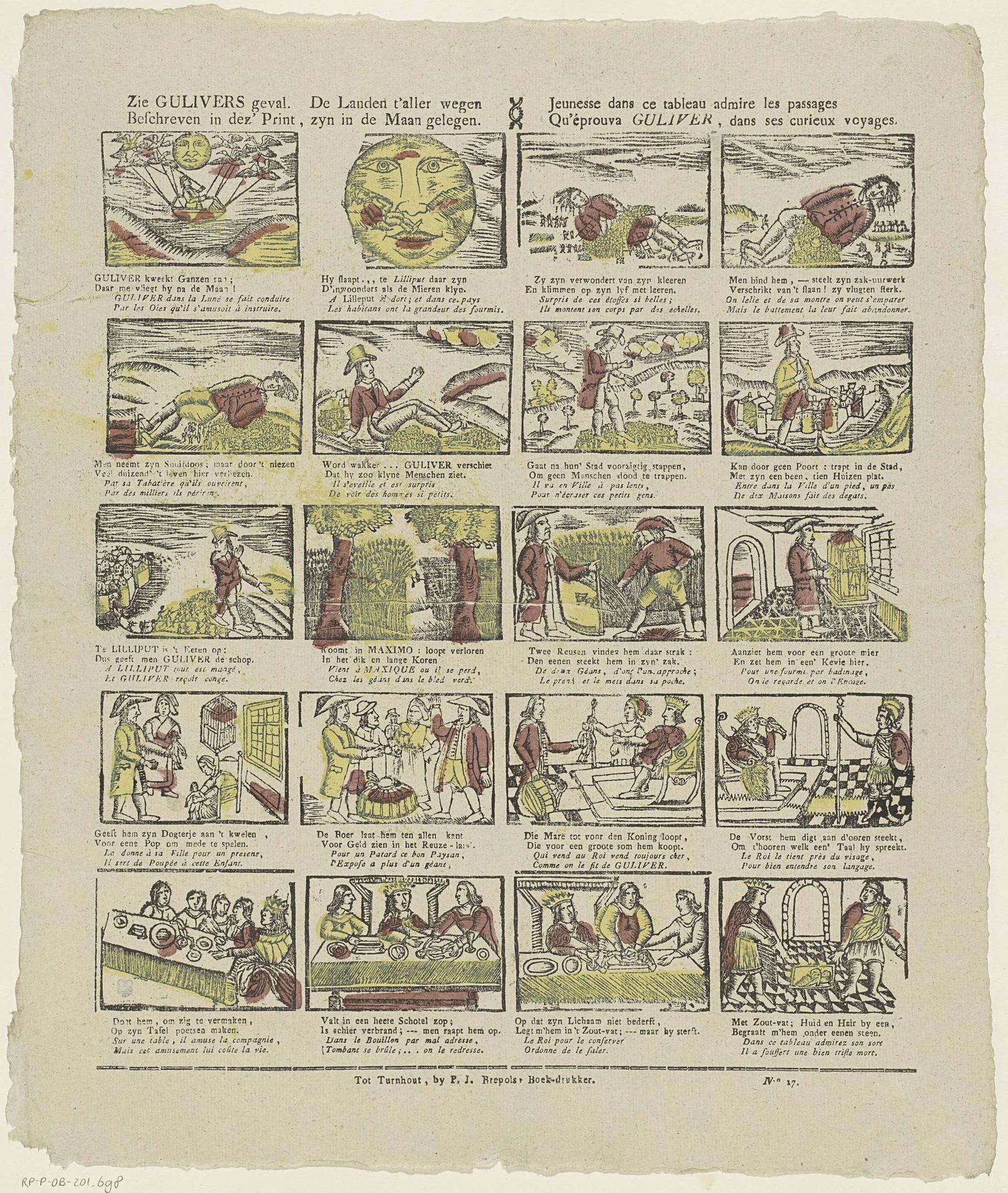 Zie Gulivers geval. / Beschreven in dez' print, / De landen t'aller wegen / zyn in de maan gelegen / Jeunesse dans ce tableau admire les passages / Qu'éprouva Guliver, dans ses curieux voyages by Philippus Jacobus Brepols