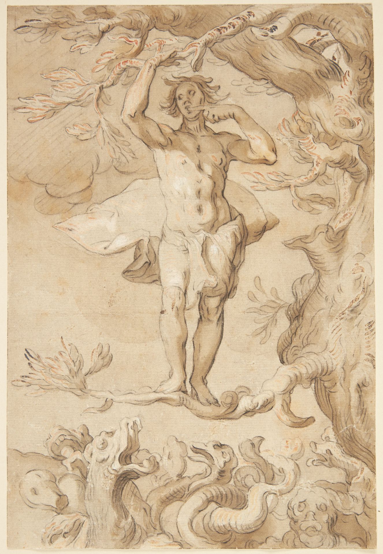 The Frailty of Human Happiness. A Man pursued by a Dragon clings to a Tree, licking Honey from his fingers by Abraham Bloemaert