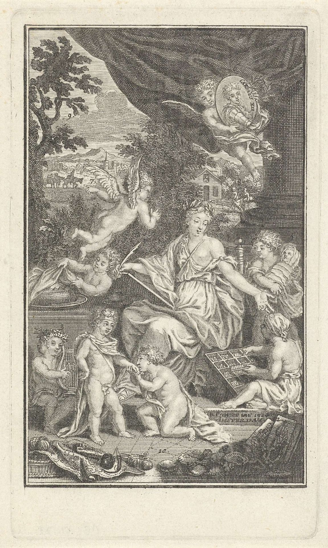 Allegorische voorstelling met Geschiedenis die de levensloop van Karel XII, koning van Zweden, opschrijft by Bernard Picart