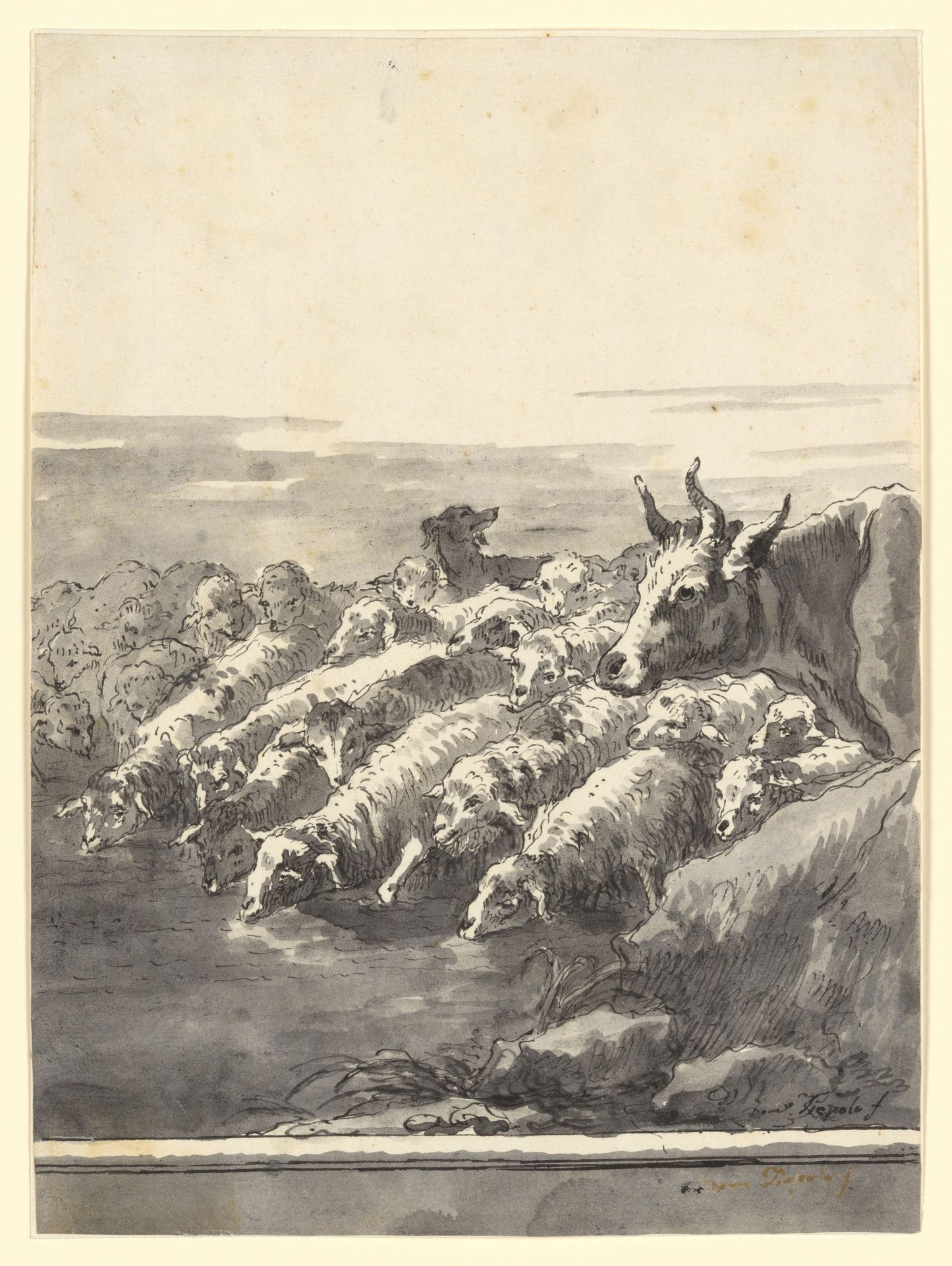 A Flock of Sheep Drinking at a Pool, with a Bullock and a Dog by Giovanni Domenico Tiepolo