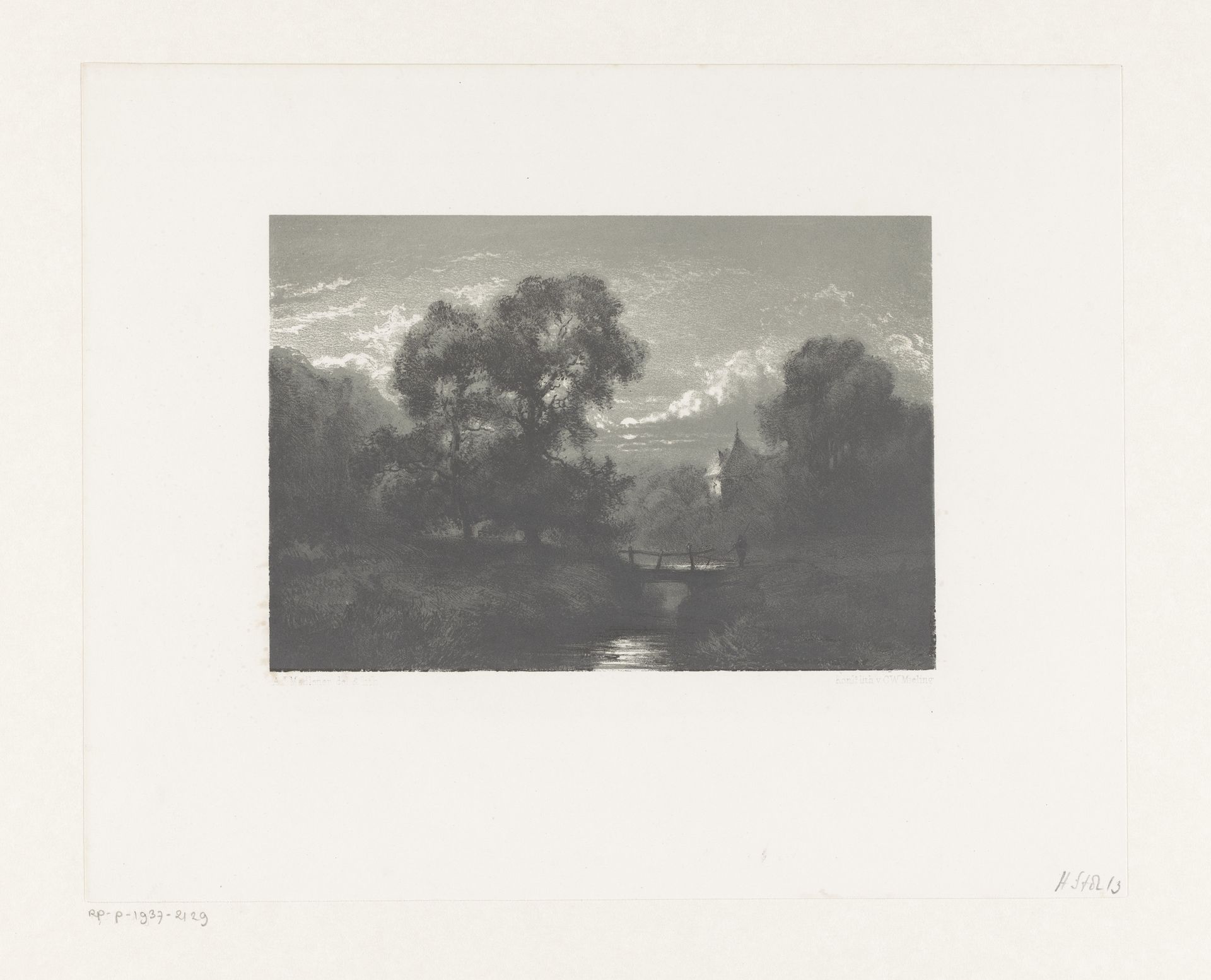 Landschap met sloot en brug bij volle maan by Antonius Josephus Madlener