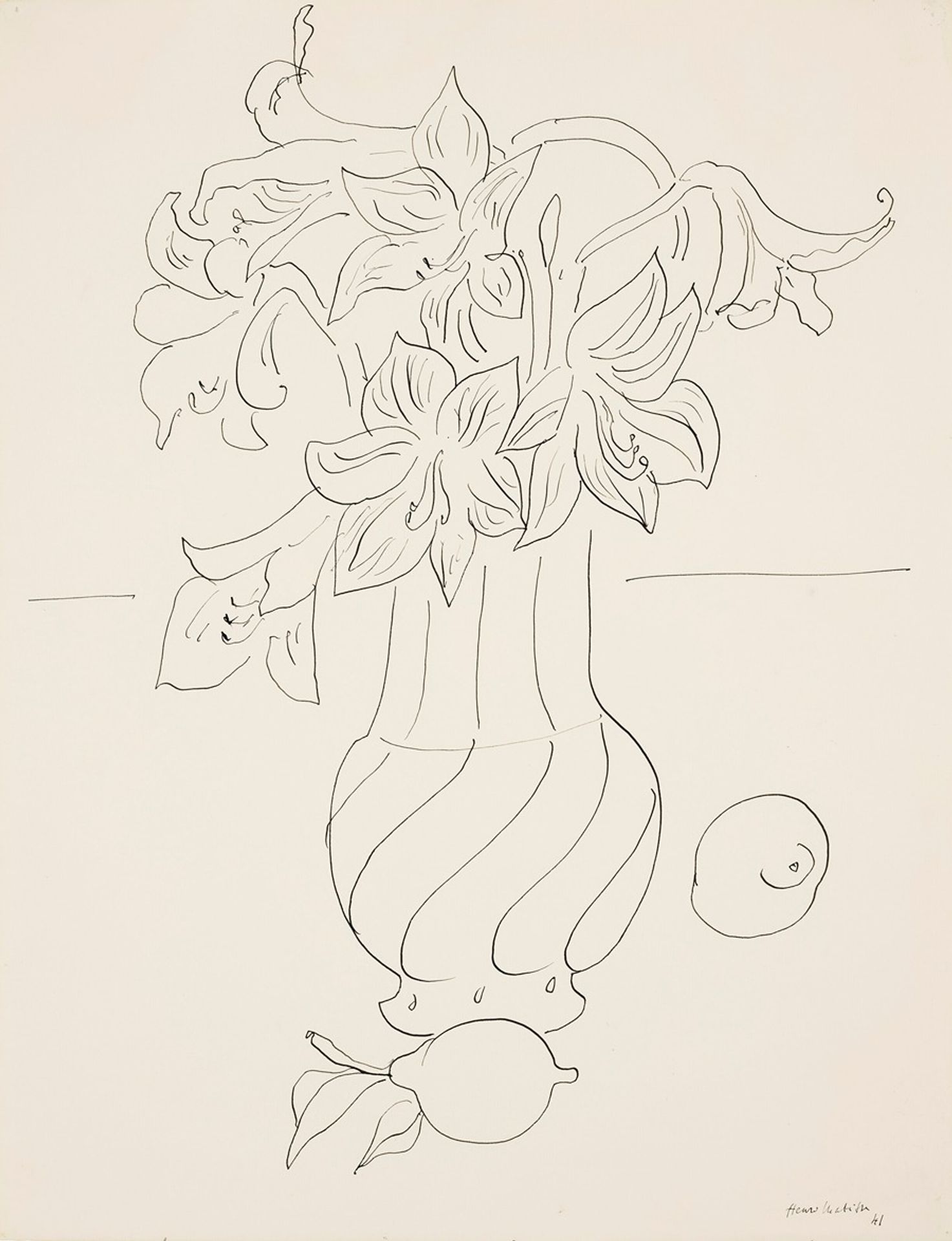 Vase de fleurs et citrons sur un entablement by Henri Matisse