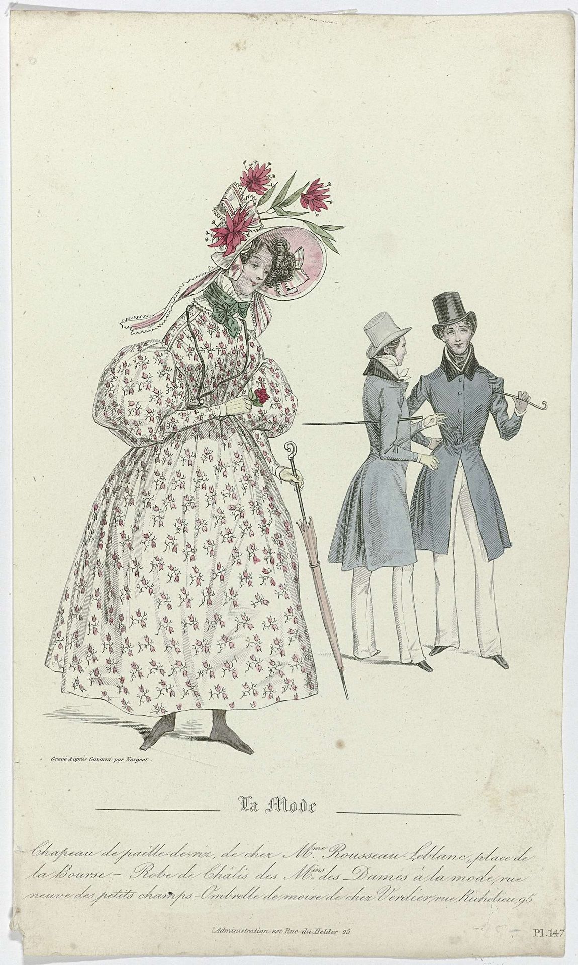 La Mode, 1831, Pl. 147, T.2 : Chapeau de paille-de-riz (...) by Jean-Denis Nargeot