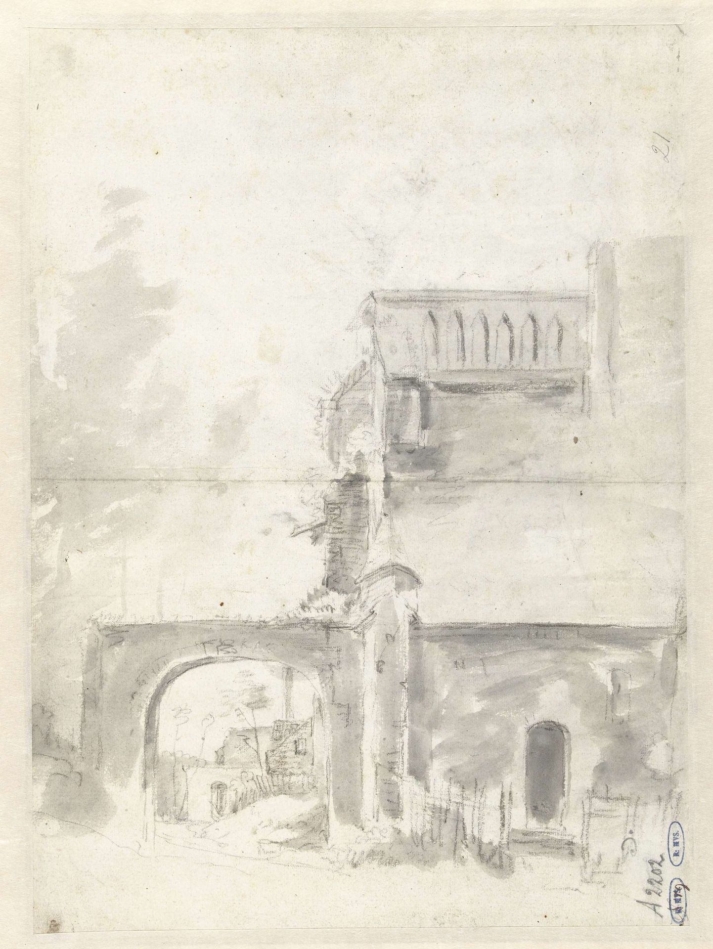 Schets van een vervallen toren en poort by Anthonie Waterloo