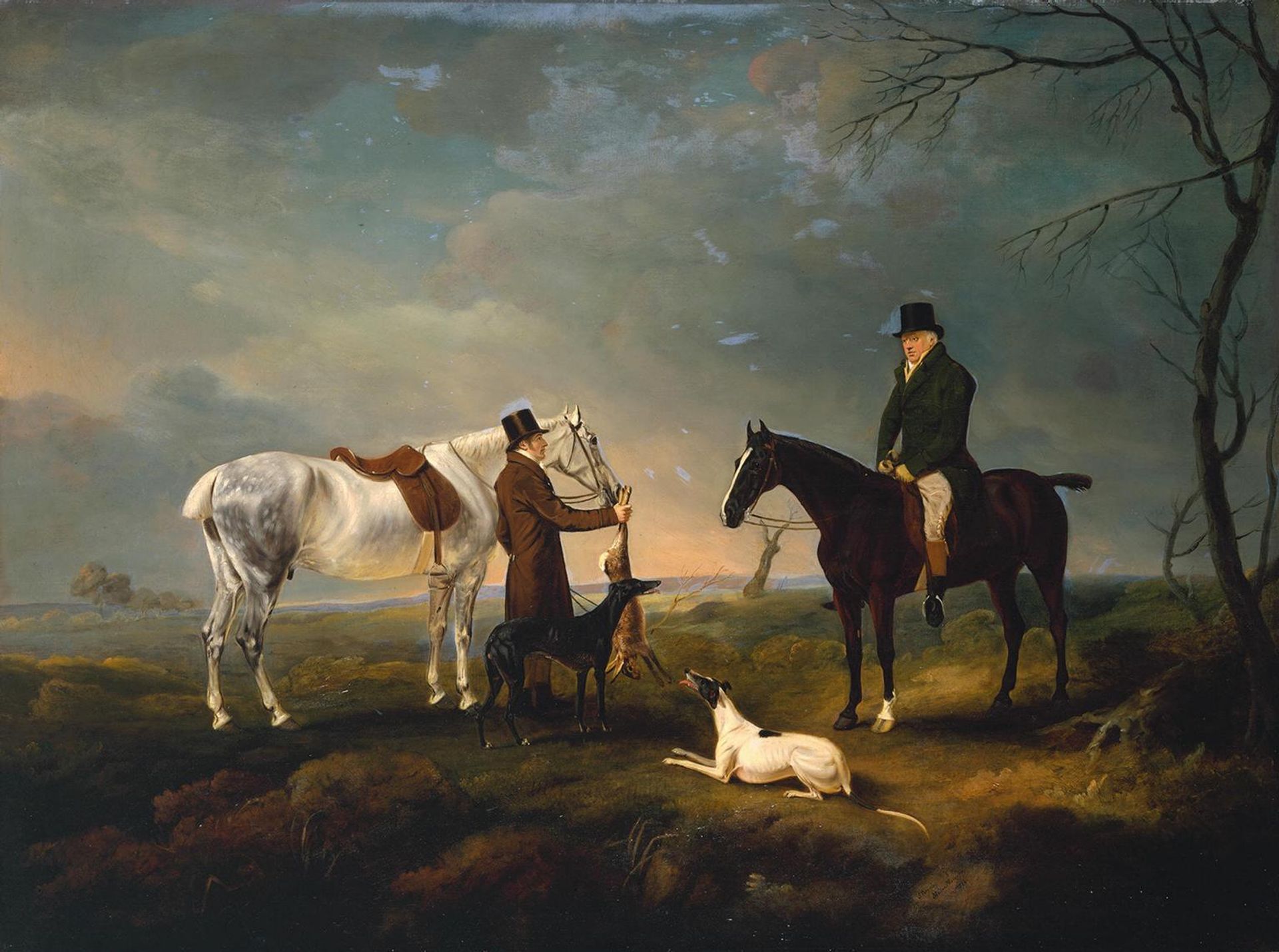 Sir Robert Leighton after Coursing, with a Groom and a Couple of Greyhounds by  John  I Ferneley