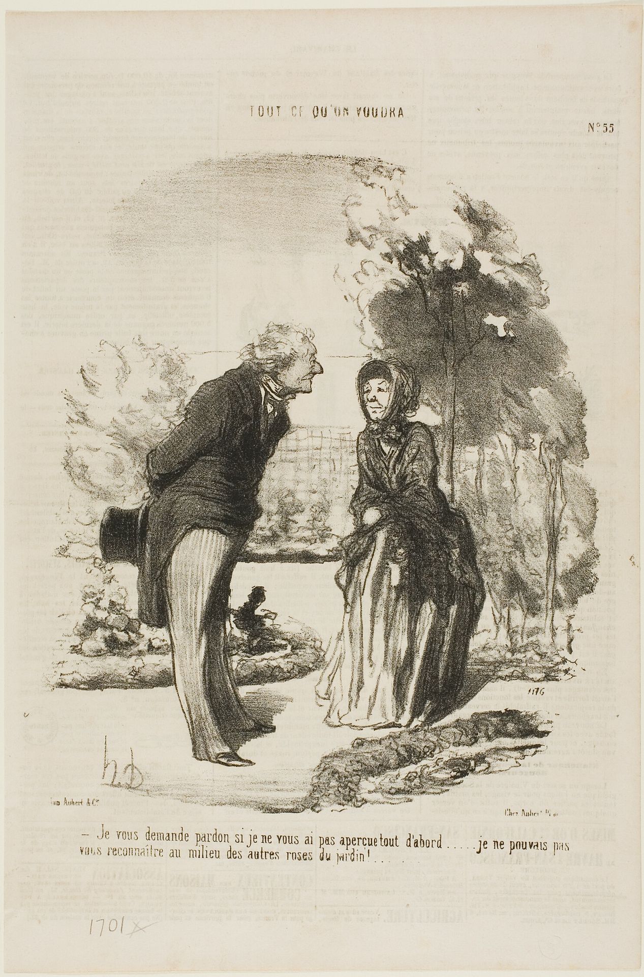 “- I am sorry that I did not recognize you right away. I could not distinguish you from all the other roses!,” plate 55 from Tout Ce Qu'on Voudra by Honoré Daumier
