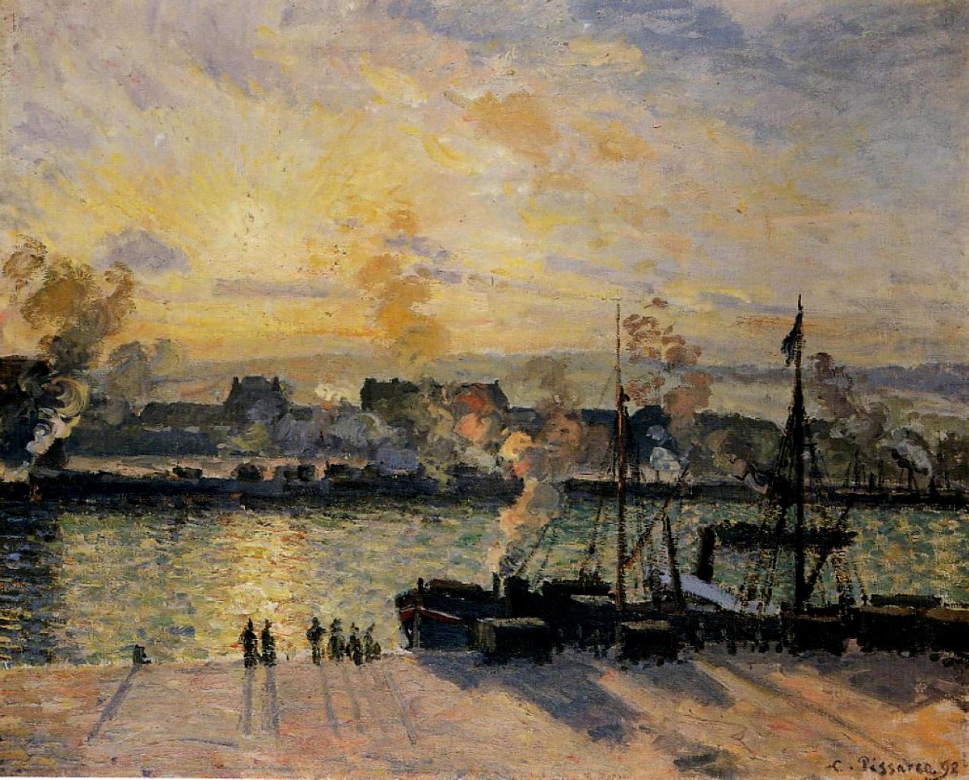 Sunset, The Port of Rouen (Steamboats) by Camille Pissarro