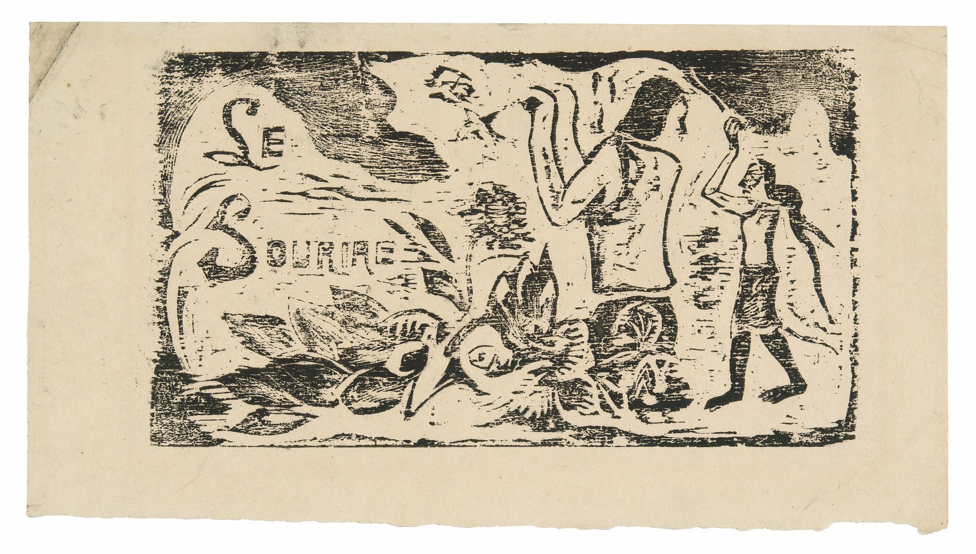 Tahitians, Flowers, and Leaves, headpiece for Le sourire by Paul Gauguin