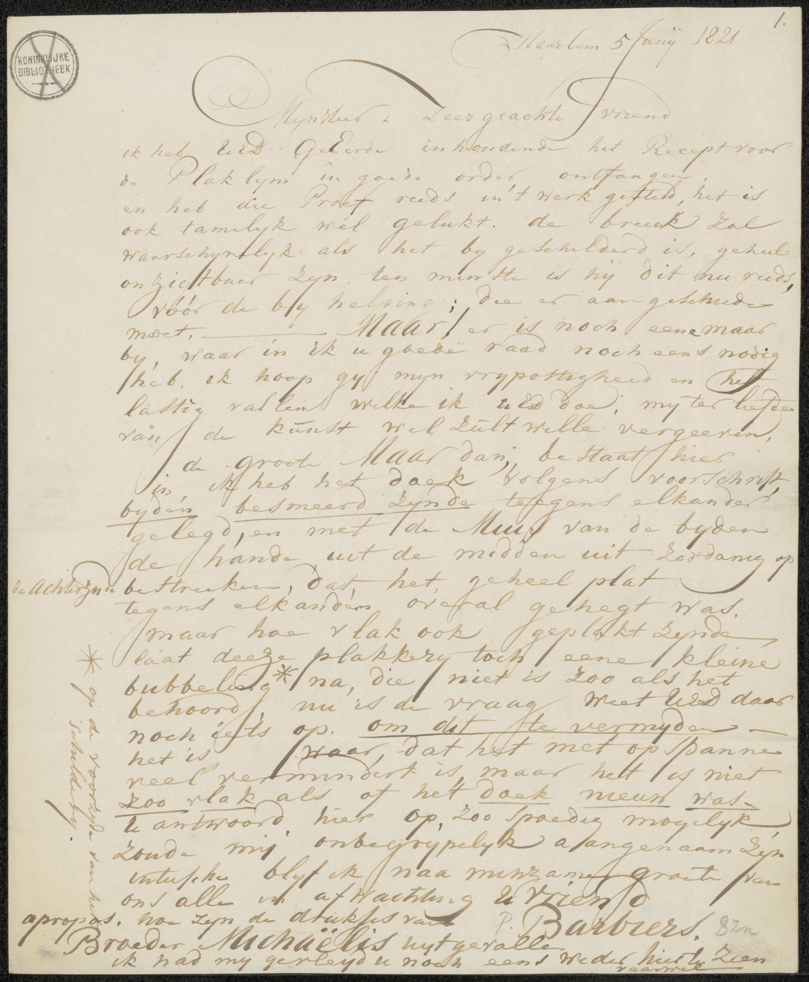 Brief aan Ernst Willem Jan Bagelaar by Pieter Bartholomeusz. Barbiers