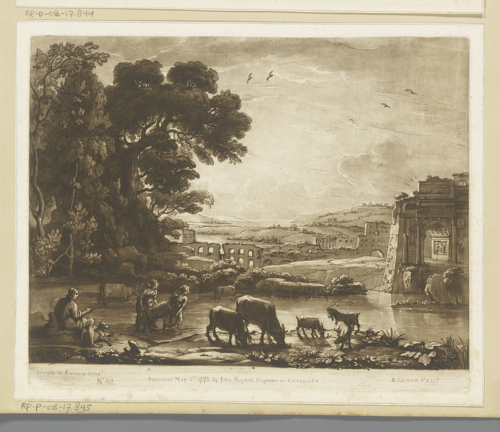 Landschap met herders, vee en triomfboog rond een meer by Richard Earlom