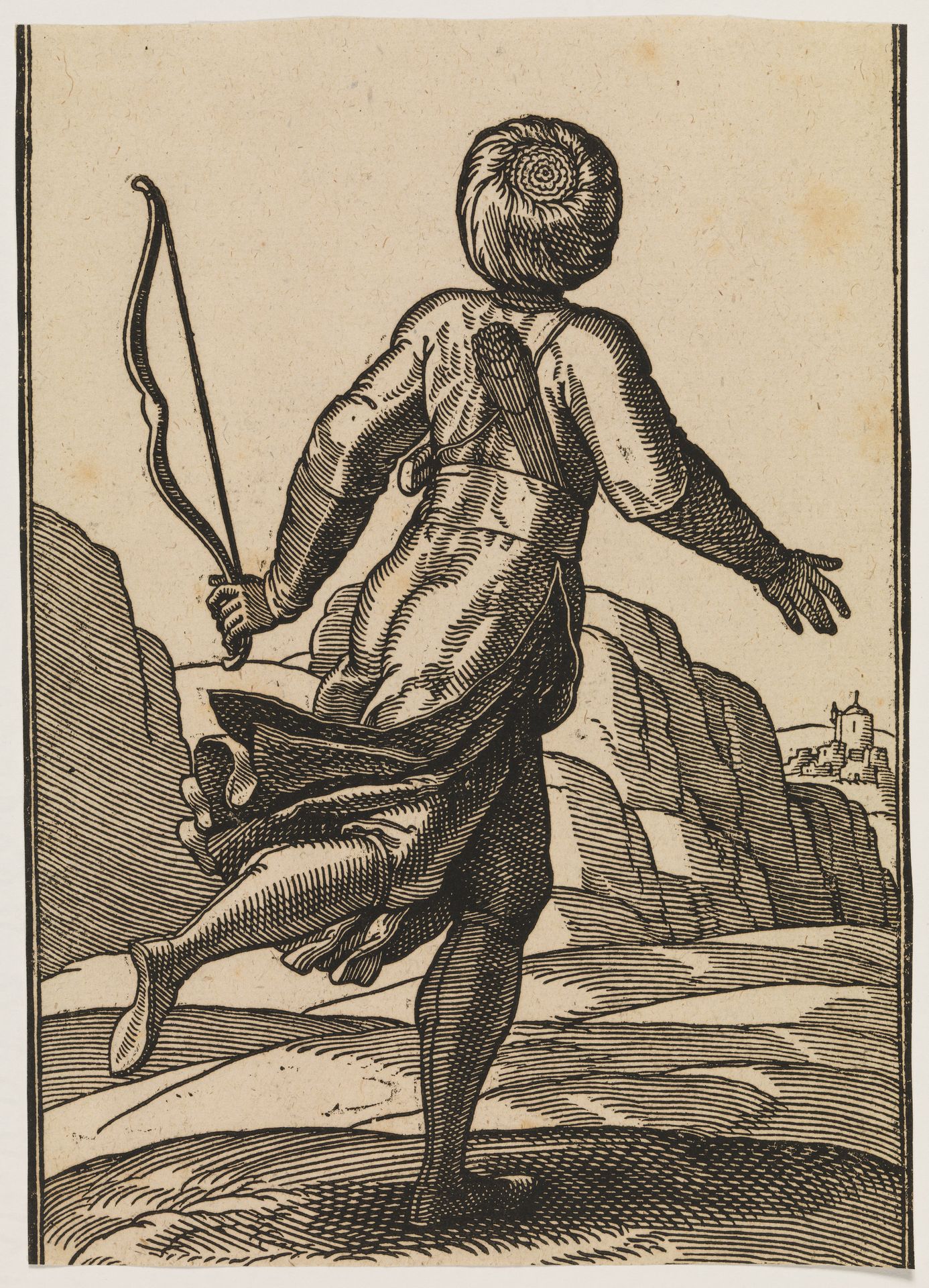 Løbende budbringer, set bagfra, i klippelandskab; i v. hånd en bue, et bundt pile er stukket ned i bæltet, i en snor over skulderen et futteral by Melchior Lorck