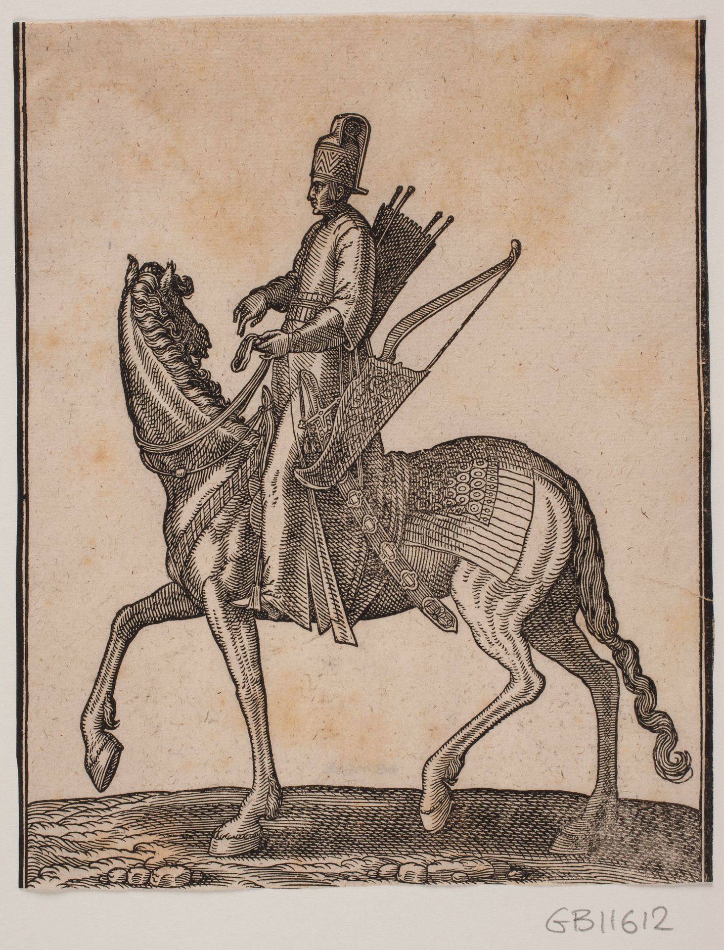 Mounted soldier, profile towards the right; he carries his sword and bow at his left side and the quiver on his right by Melchior Lorck