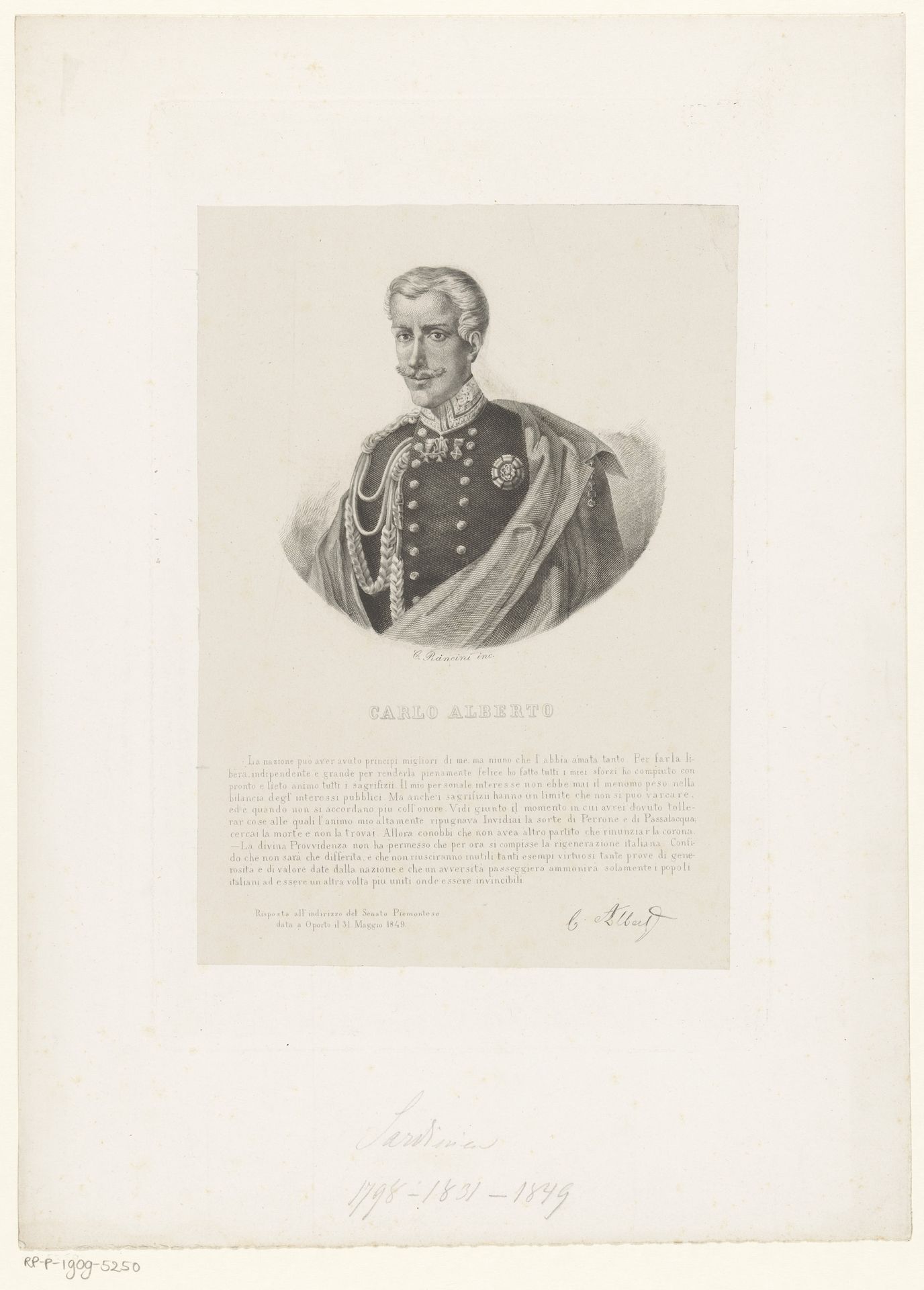 Portret van Karel Albert, koning van Sardinië by C. Rancini
