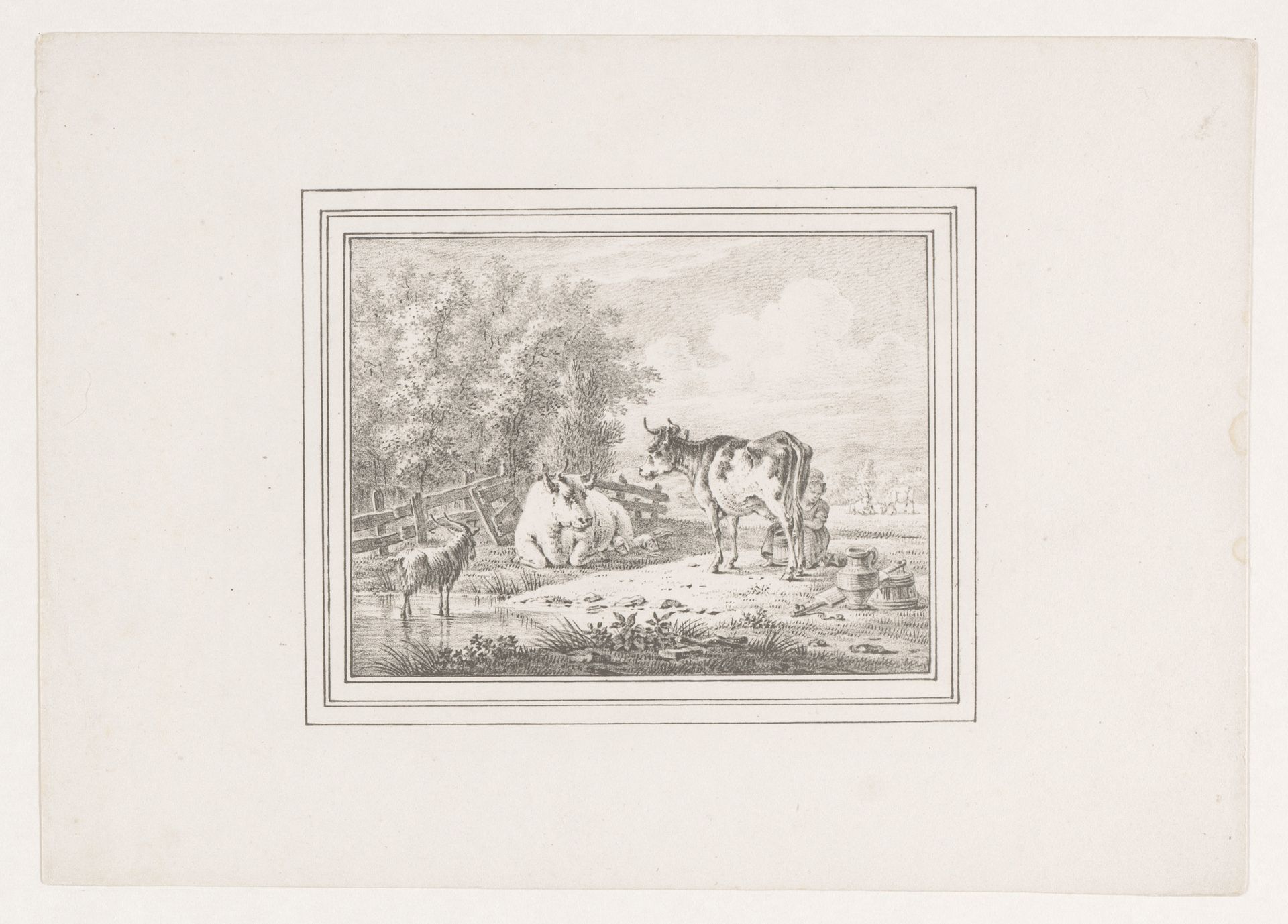 Koe wordt gemolken in een landschap by Pieter de Goeje