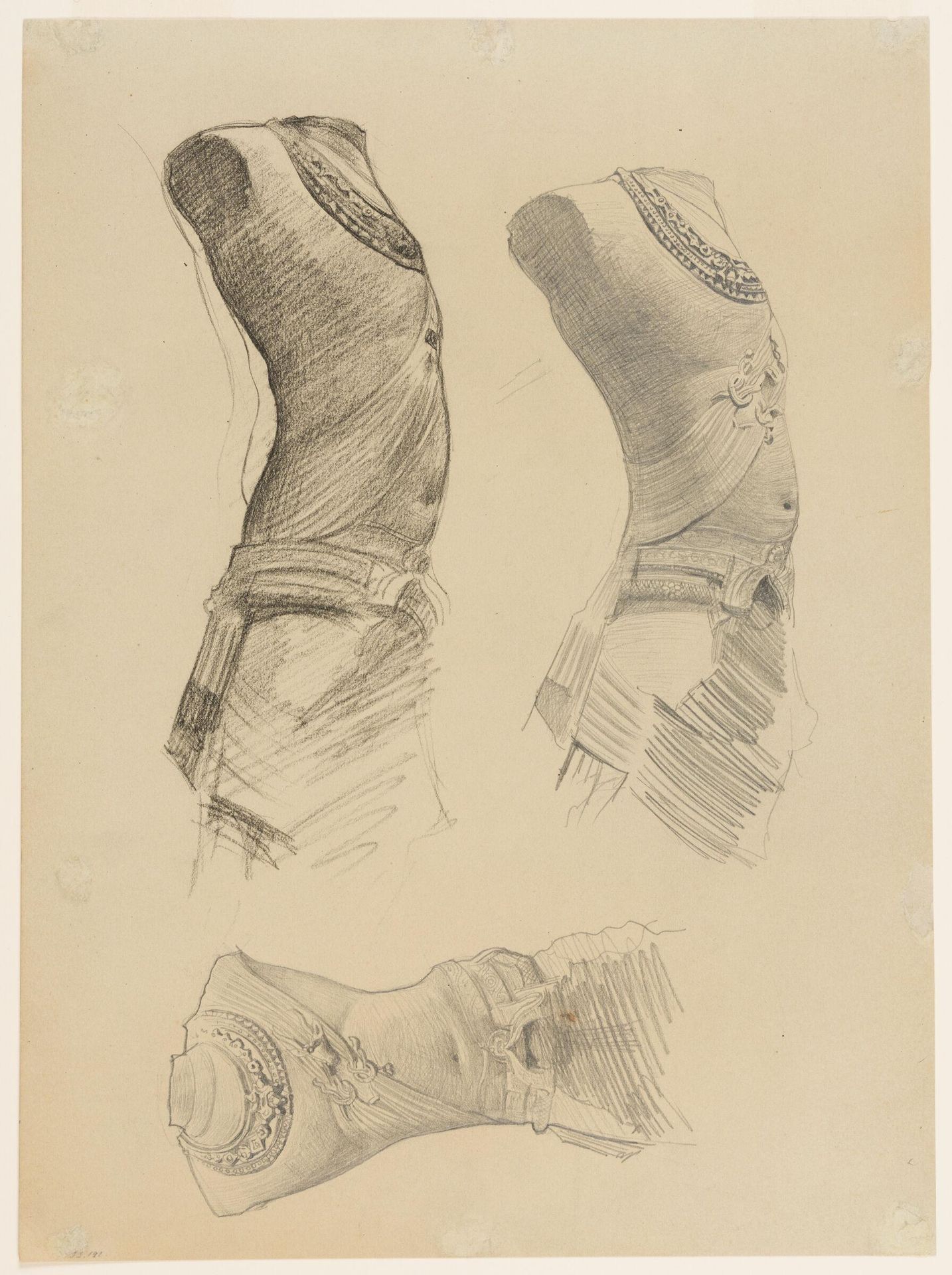 Three Sketches of a Bodhisattva (Sanchi Torso); verso: Entombment, after a sculpture by John Singer Sargent