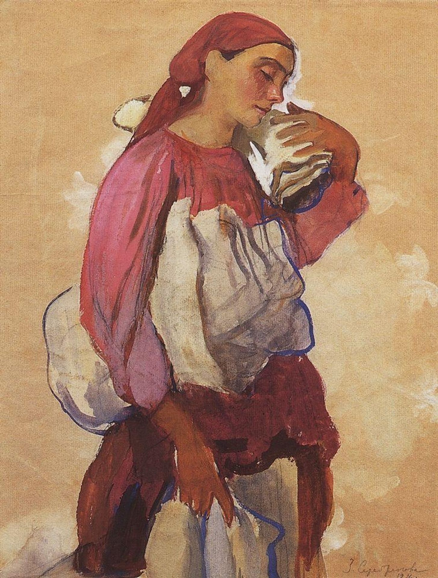 A peasant woman with rolls of canvas on her shoulder and in her hands by Zinaida Serebriakova