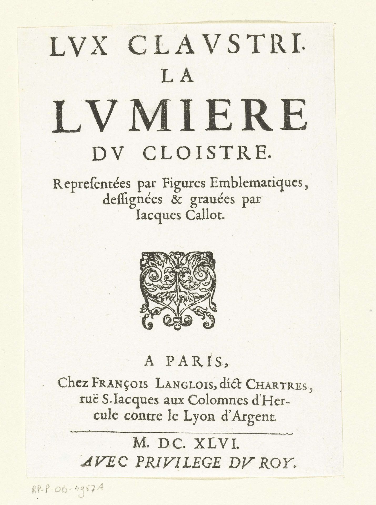 Ongeïllustreerd titelblad voor de embleemserie 'Kloosterleven in emblemen' by François Langlois