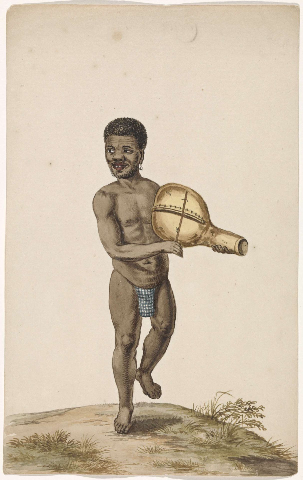 Afrikaanse musicerende man met kalebasinstrument by Anonymous