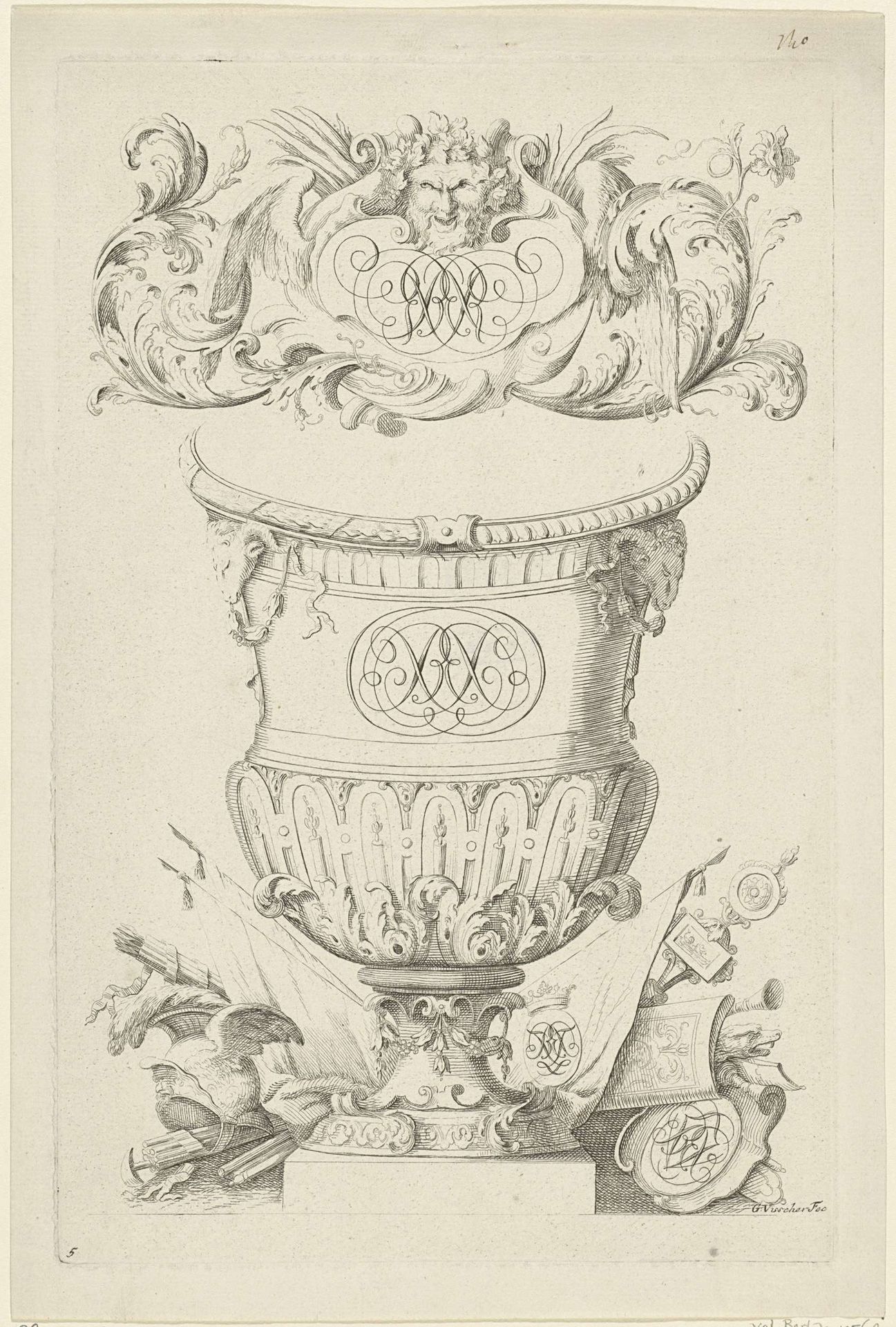 Tuinvaas met twee monogrammen bekroond met saterkop by Gerrit Visscher