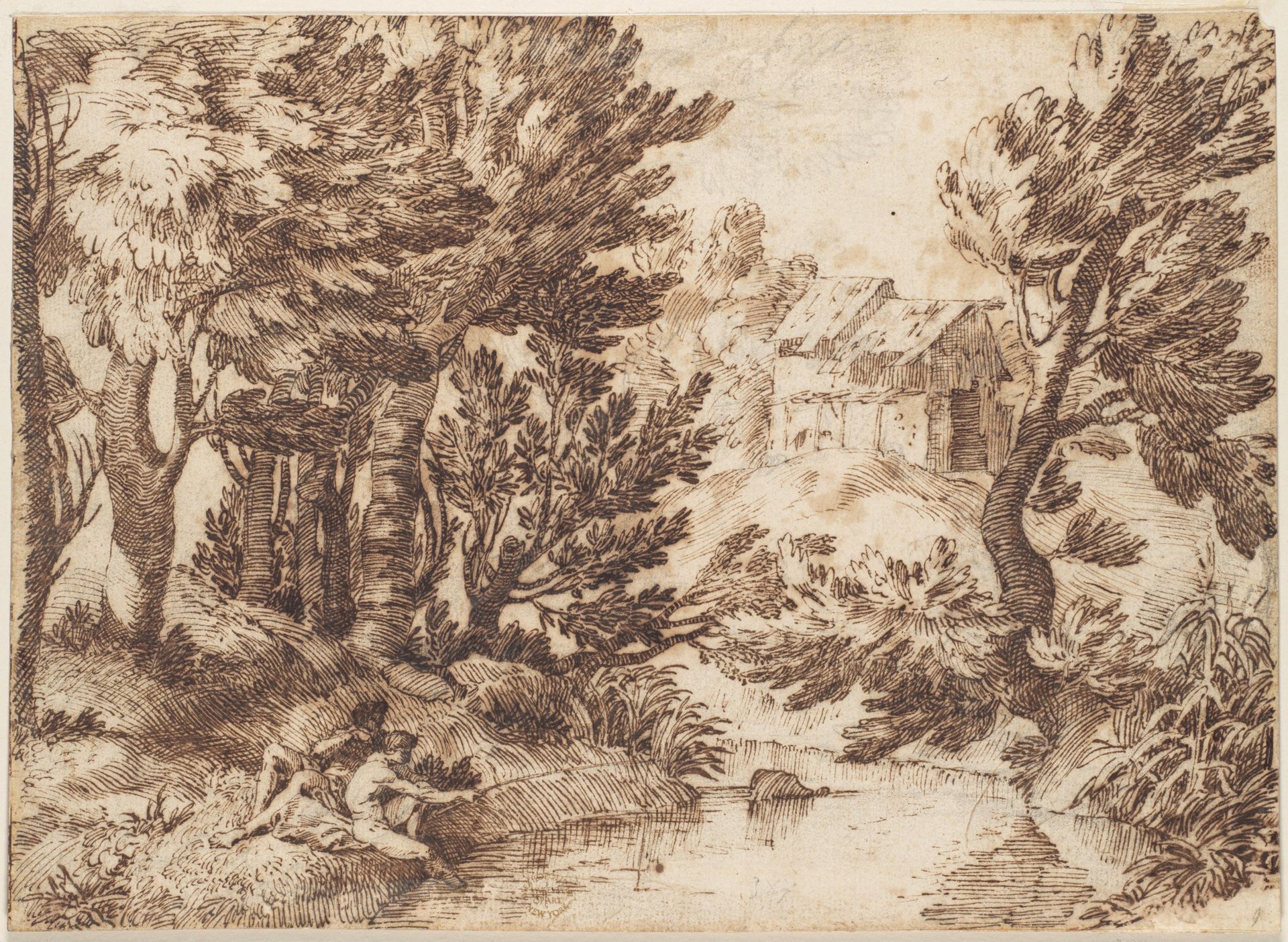 Landscape with Figure Reclining and Figure Fishing by Anonymous
