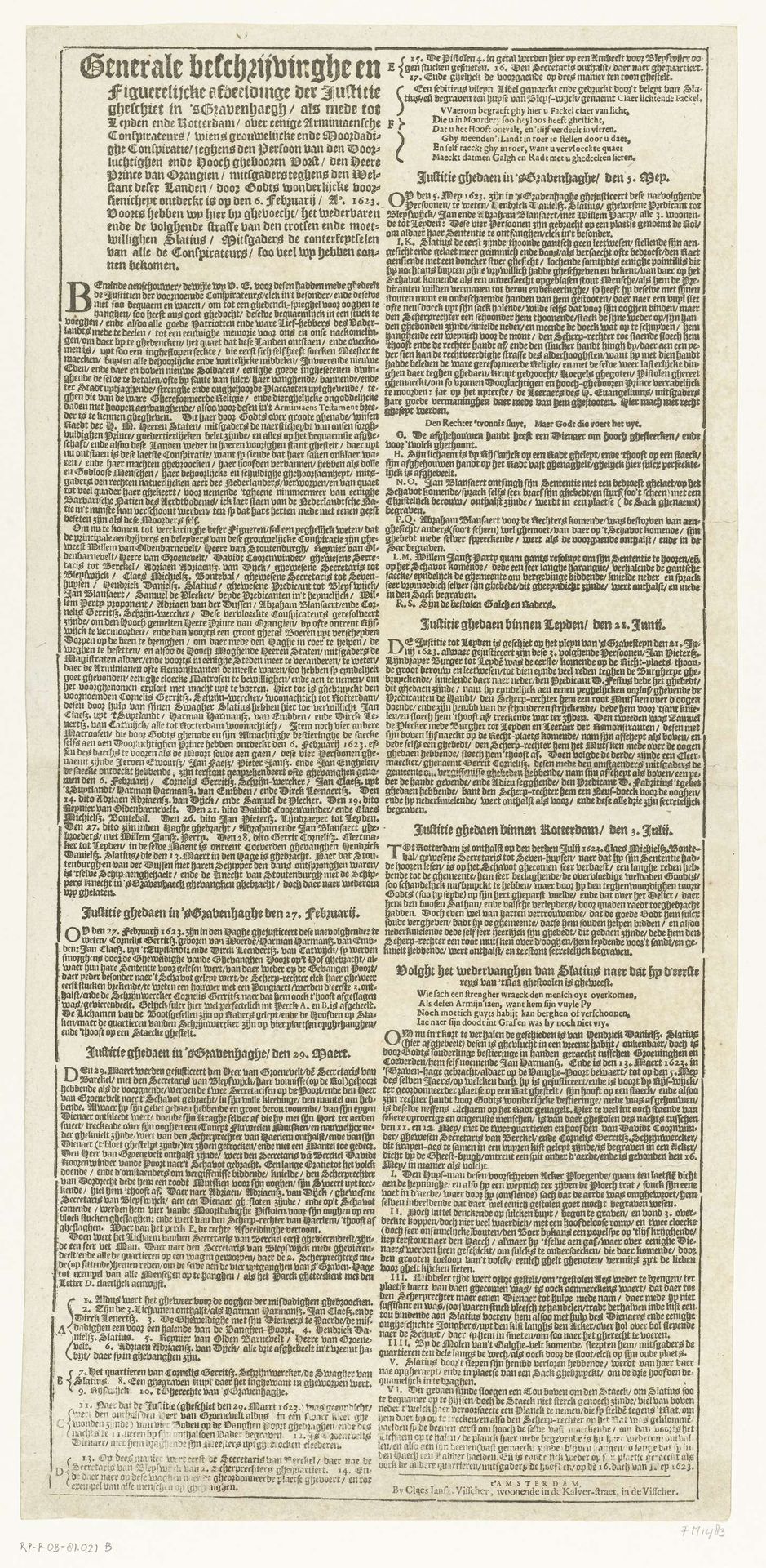 Tekstblad bij de grote prent van de terechtstelling van de samenzweerders tegen Maurits, 1623 by Claes Jansz. Visscher