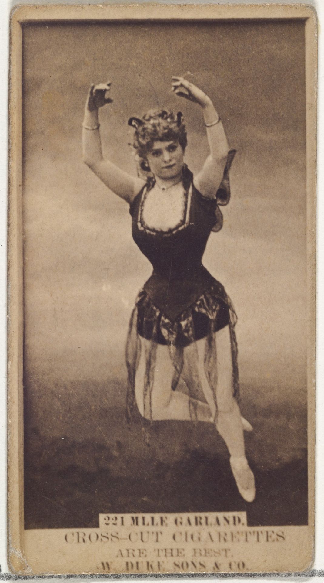 Card Number 221, Mlle. Garland, from the Actors and Actresses series (N145-3) issued by Duke Sons & Co. to promote Cross Cut Cigarettes by W. Duke, Sons & Co.