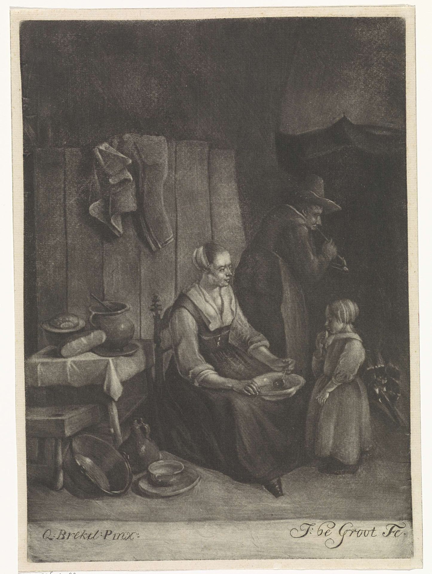 Keuken met drie figuren by Johannes de (II) Groot