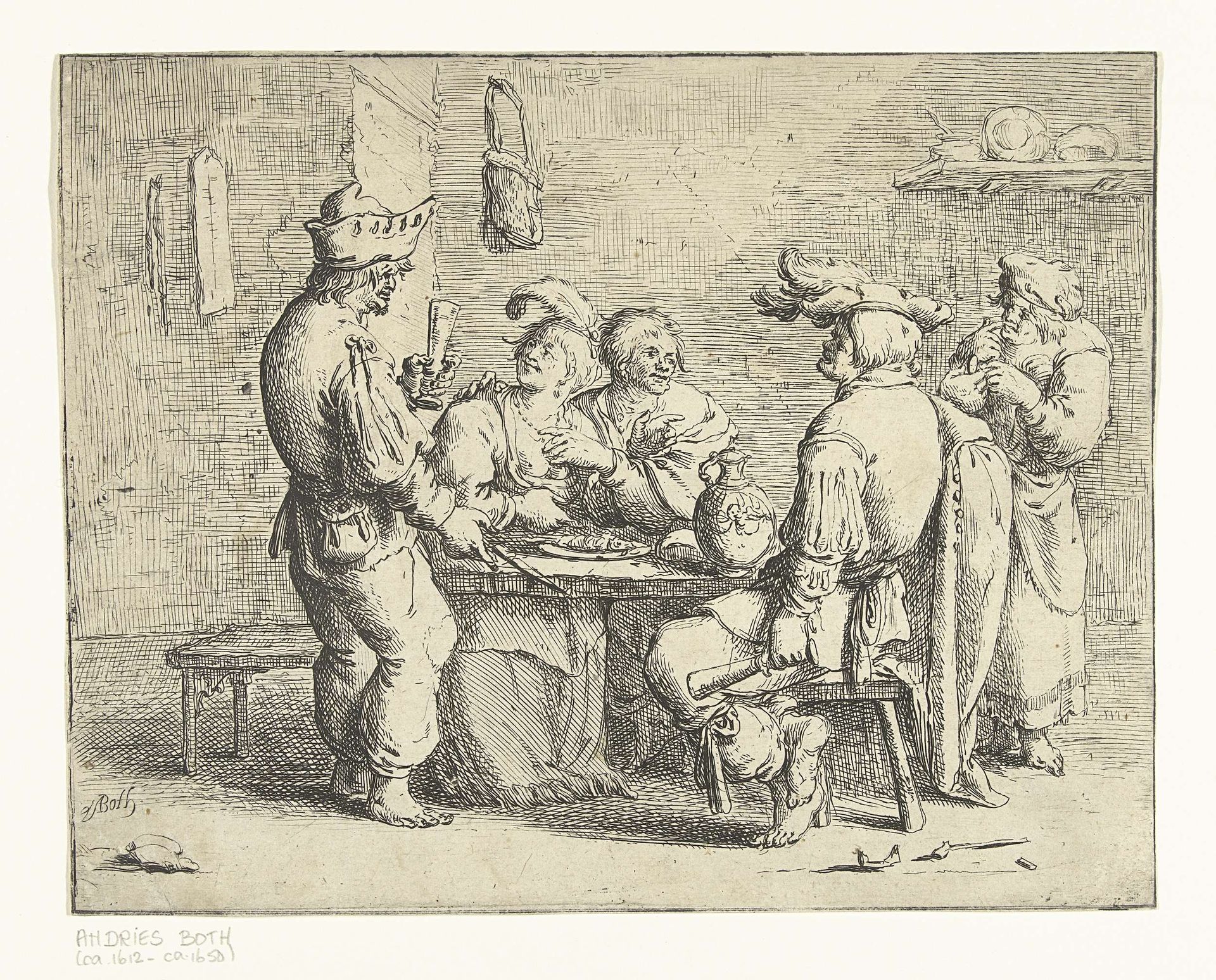 Drie boeren en een vrouw aan een tafel in een bordeel by Andries Both